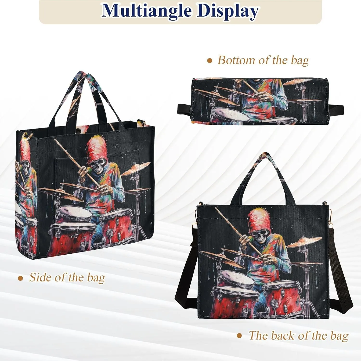 Corduroy Tote Bag Cartoon Human Skeleton Playing Drum Set Women Crossbody Bag
