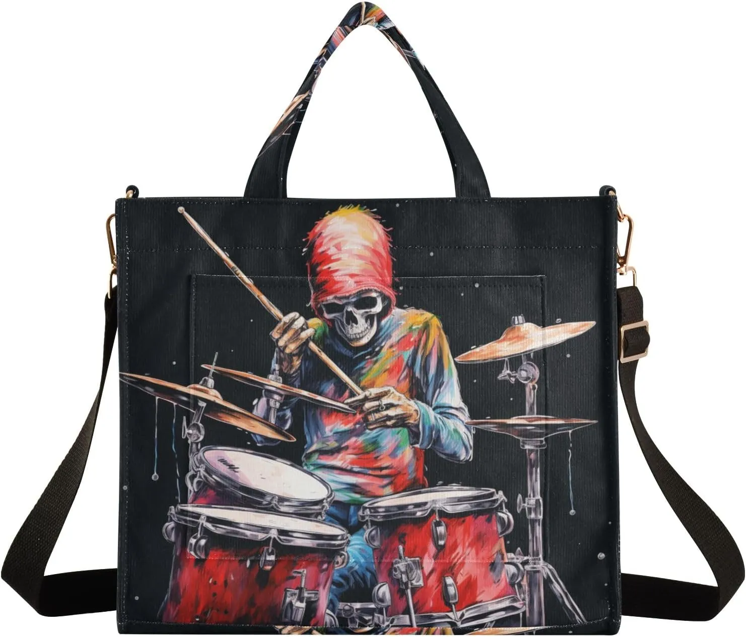 Corduroy Tote Bag Cartoon Human Skeleton Playing Drum Set Women Crossbody Bag
