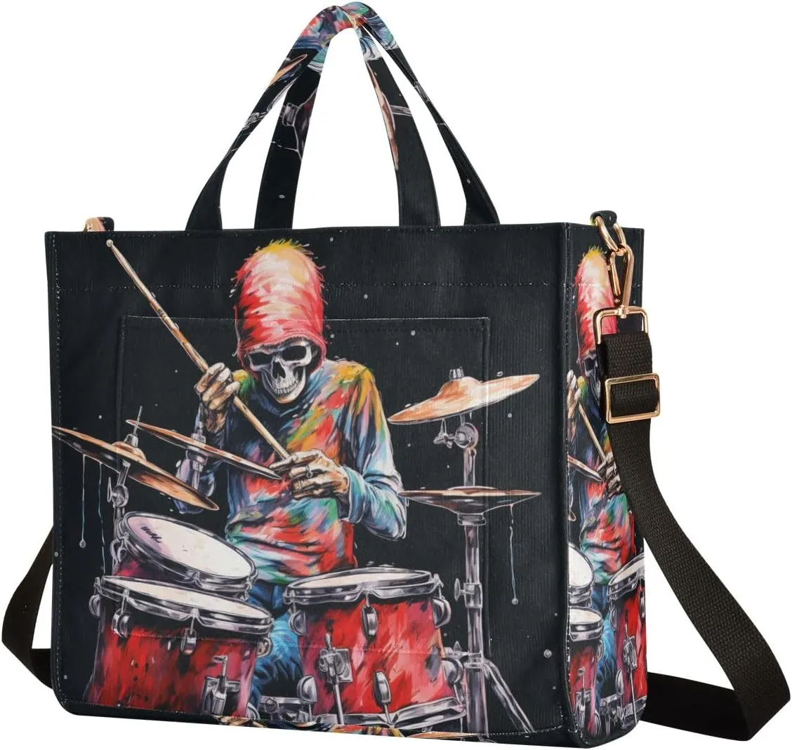 Corduroy Tote Bag Cartoon Human Skeleton Playing Drum Set Women Crossbody Bag