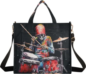 Corduroy Tote Bag Cartoon Human Skeleton Playing Drum Set Women Crossbody Bag