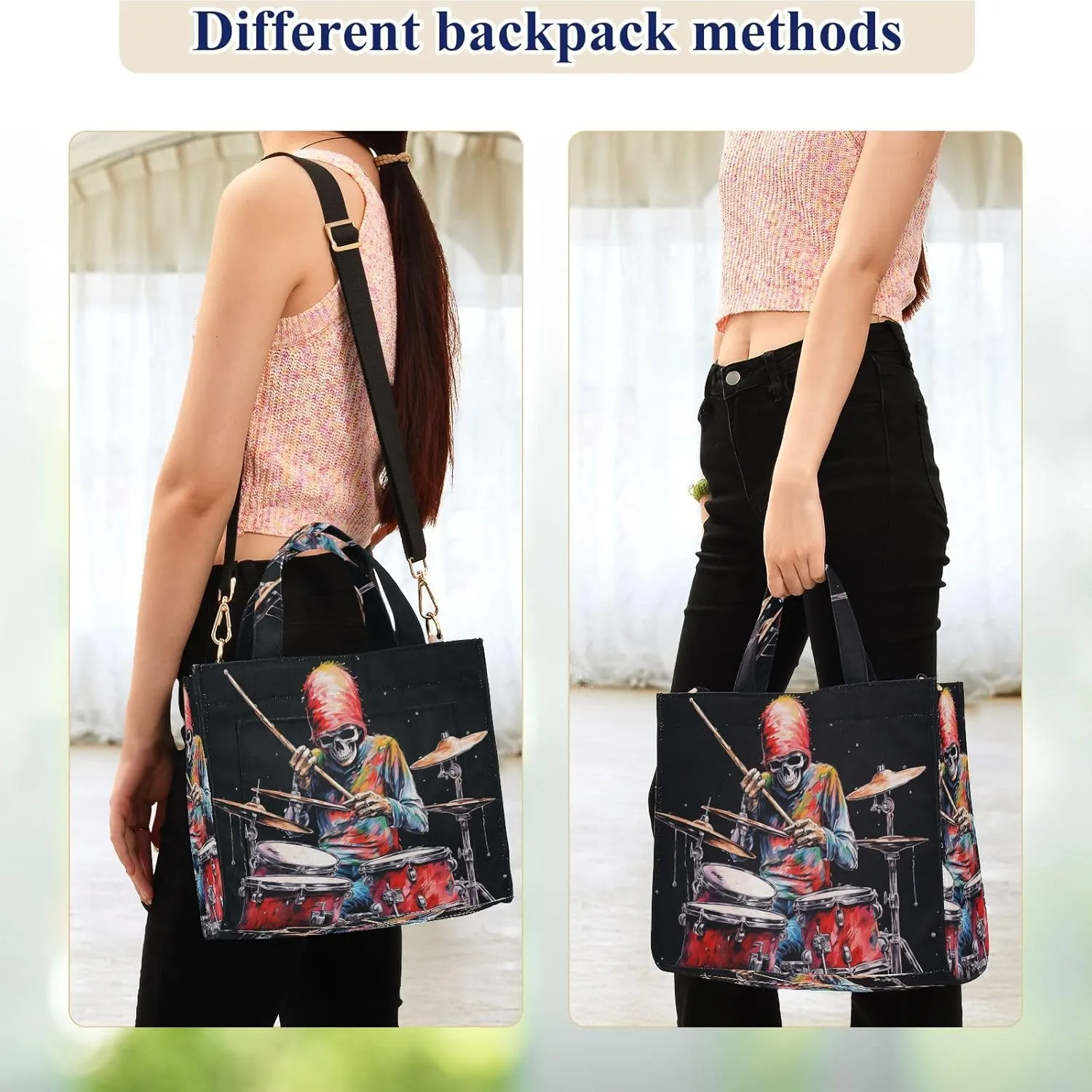 Corduroy Tote Bag Cartoon Human Skeleton Playing Drum Set Women Crossbody Bag