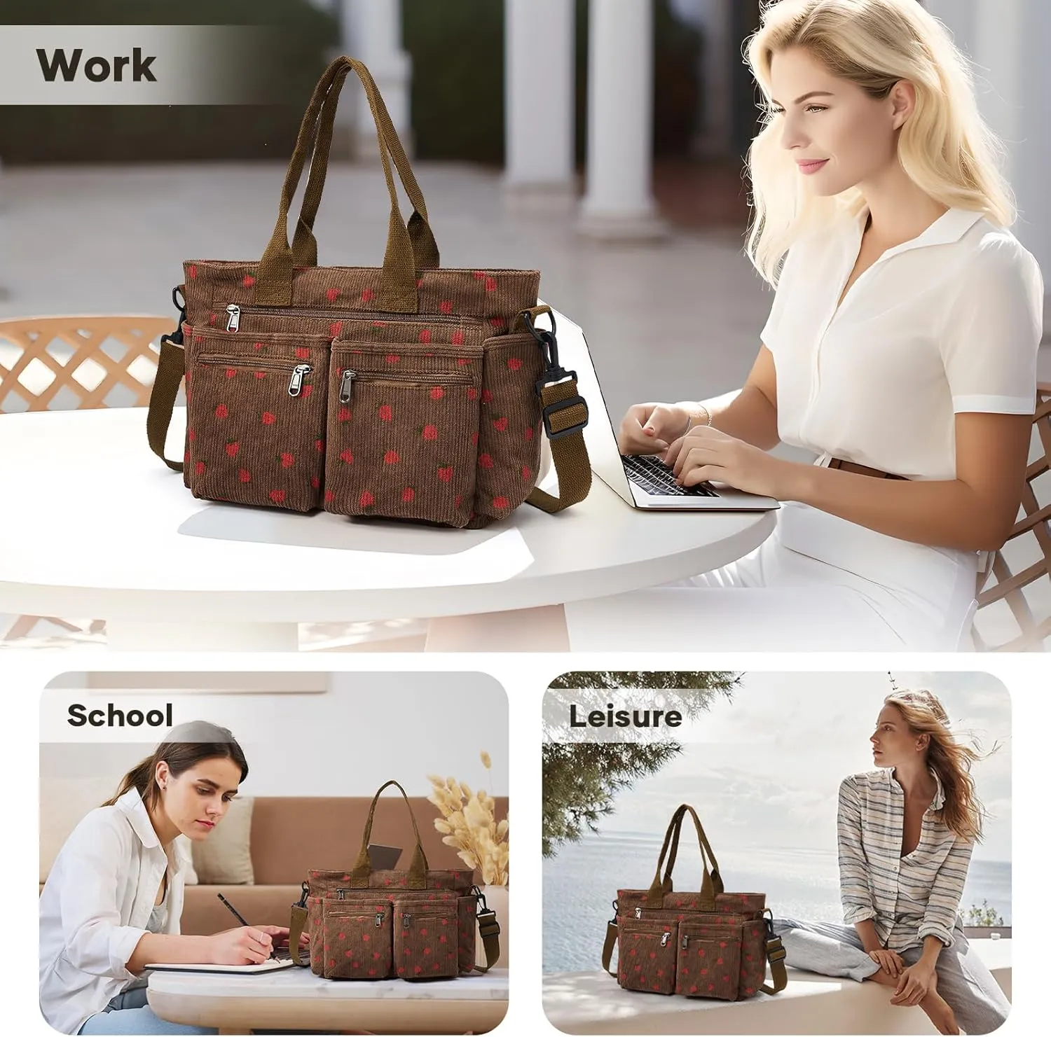 Corduroy Tote Bag for Women, Crossbody Bags, Mutil Pockets Handbag Tote Bag for Travel, Work