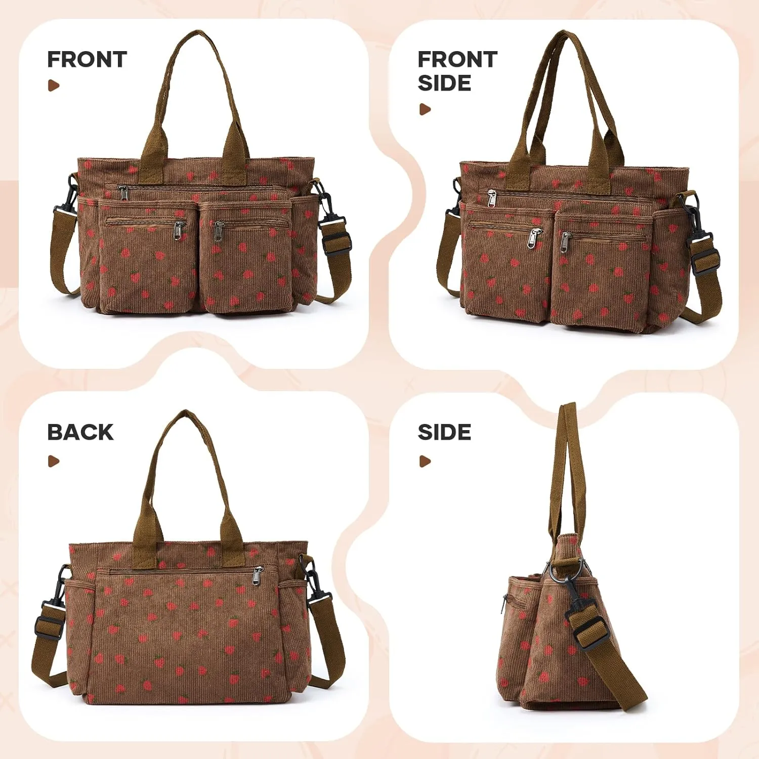 Corduroy Tote Bag for Women, Crossbody Bags, Mutil Pockets Handbag Tote Bag for Travel, Work