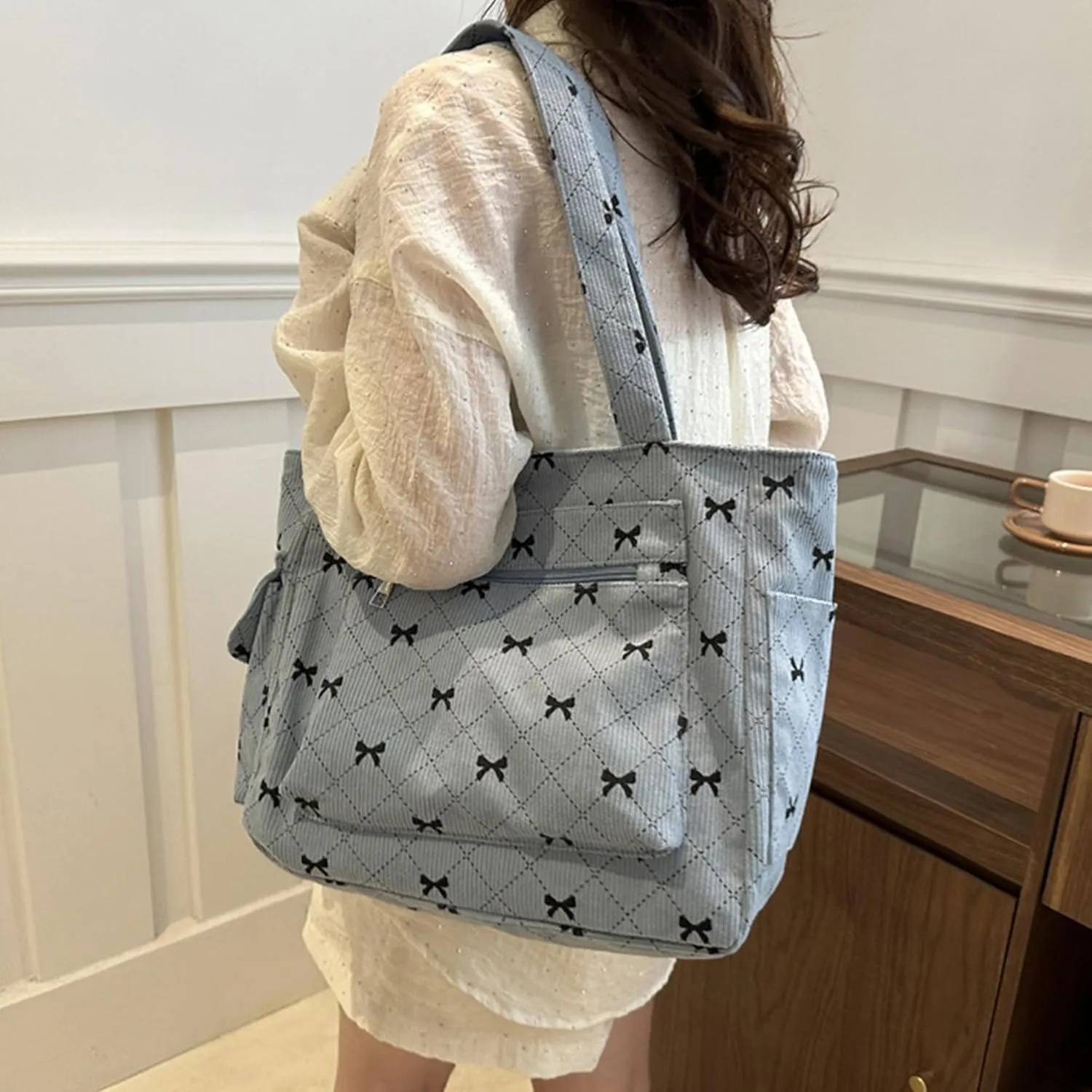 Corduroy Tote Bag for Women Cute Bow Shoulder Bag Purse with Pockets and Zipper Large Tote Bag for Travel Shopping