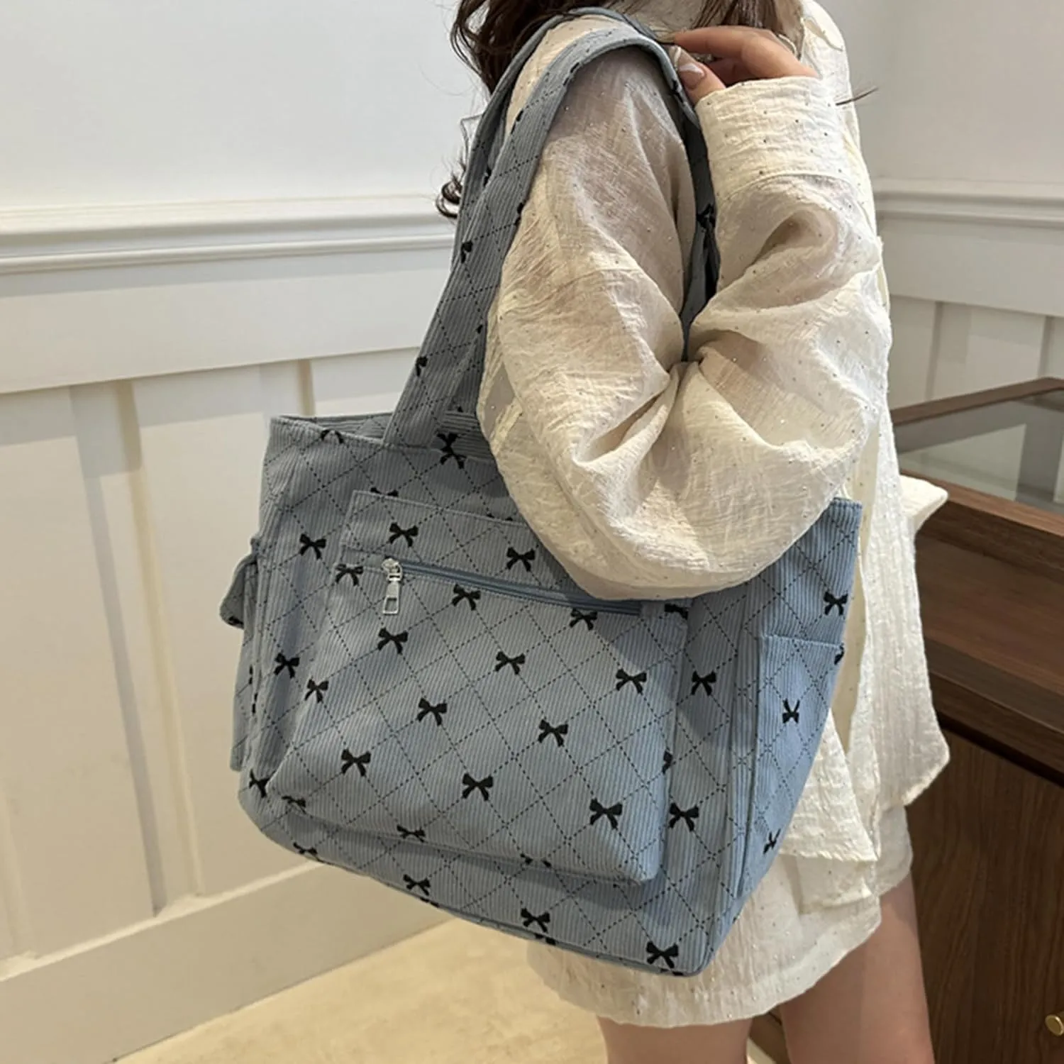 Corduroy Tote Bag for Women Cute Bow Shoulder Bag Purse with Pockets and Zipper Large Tote Bag for Travel Shopping