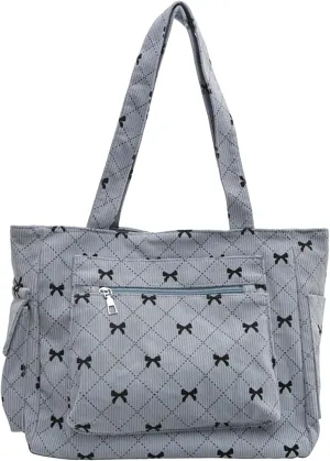 Corduroy Tote Bag for Women Cute Bow Shoulder Bag Purse with Pockets and Zipper Large Tote Bag for Travel Shopping