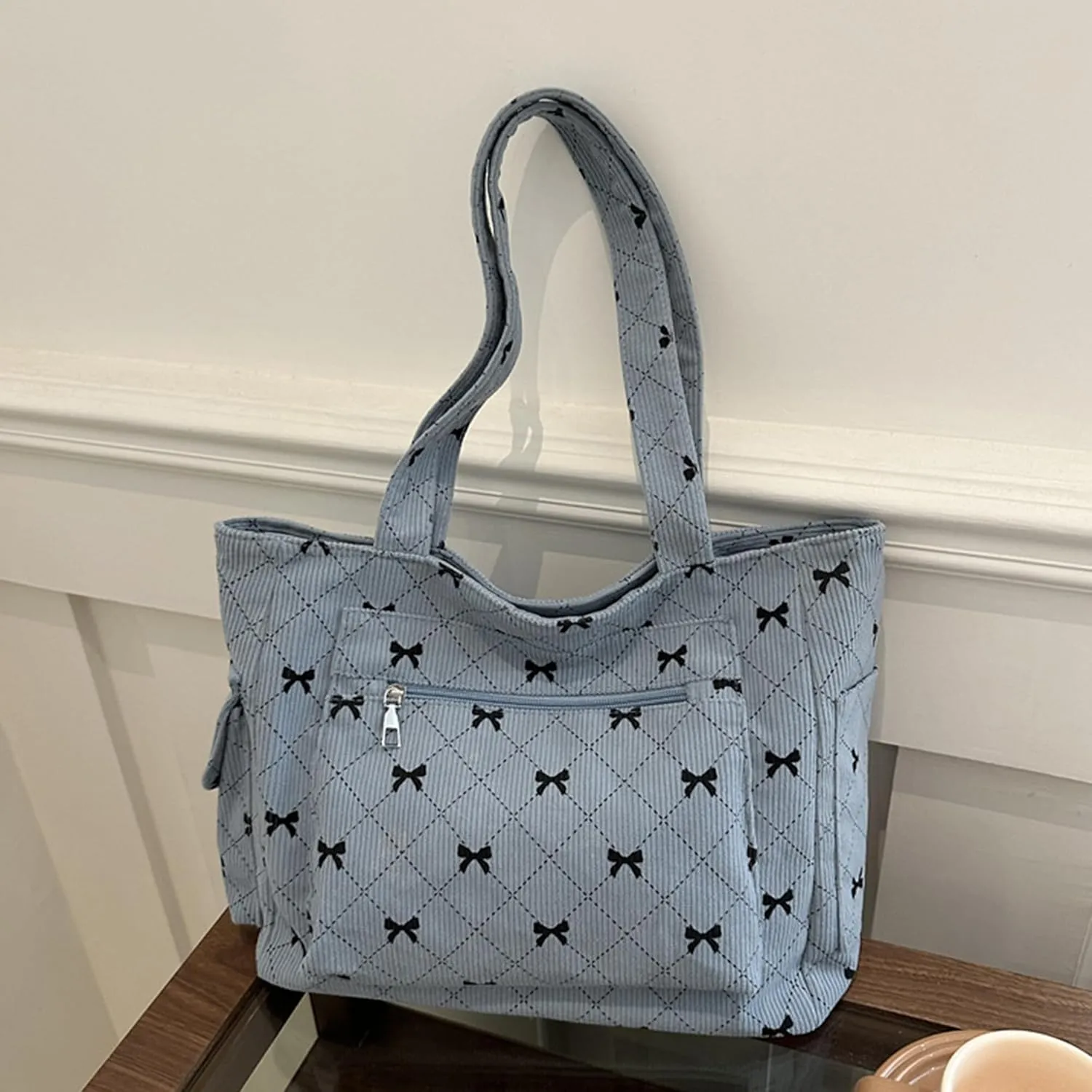 Corduroy Tote Bag for Women Cute Bow Shoulder Bag Purse with Pockets and Zipper Large Tote Bag for Travel Shopping