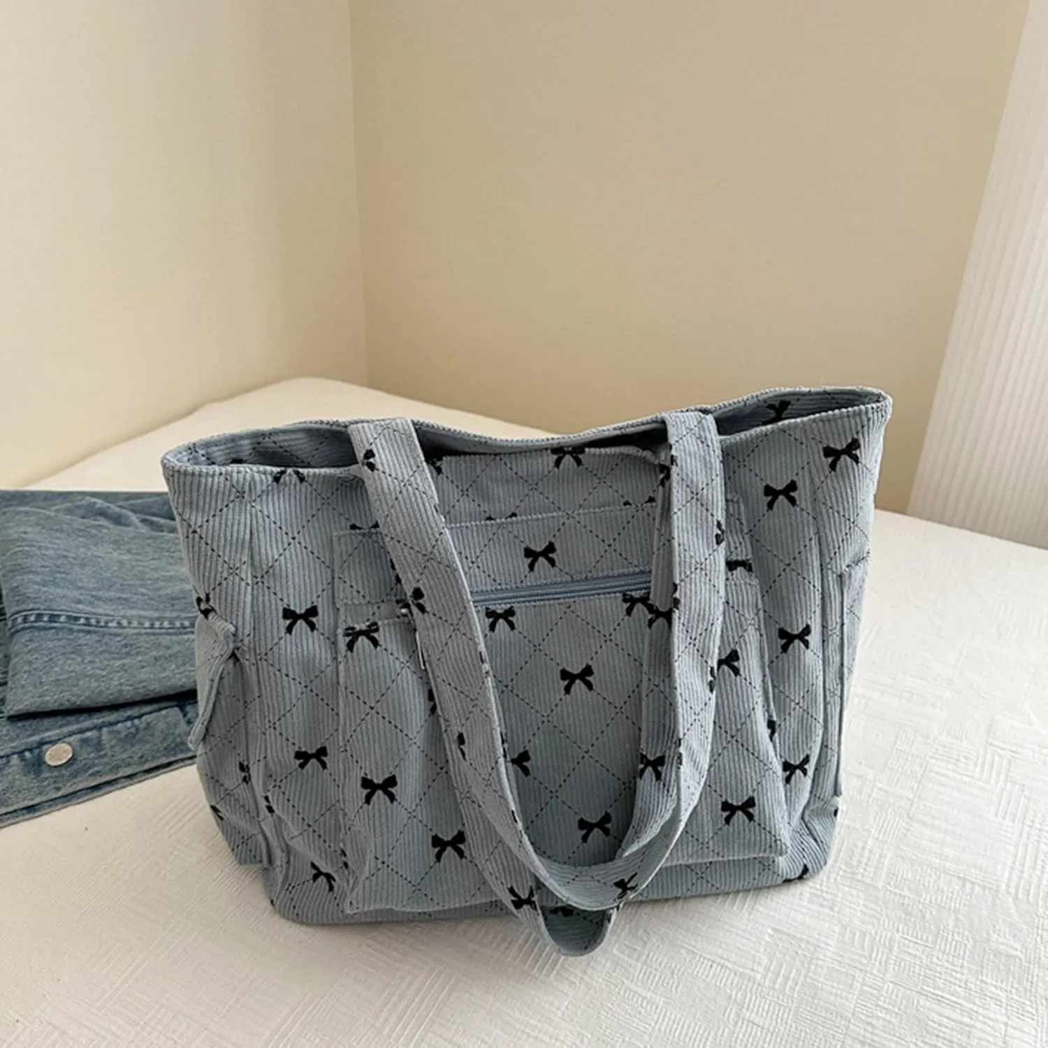 Corduroy Tote Bag for Women Cute Bow Shoulder Bag Purse with Pockets and Zipper Large Tote Bag for Travel Shopping