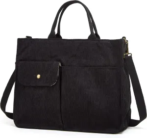 Corduroy Tote Bag for Women Girl Casual Shoulder Handbags Crossbody Bag with Zipper and Outer Pocket