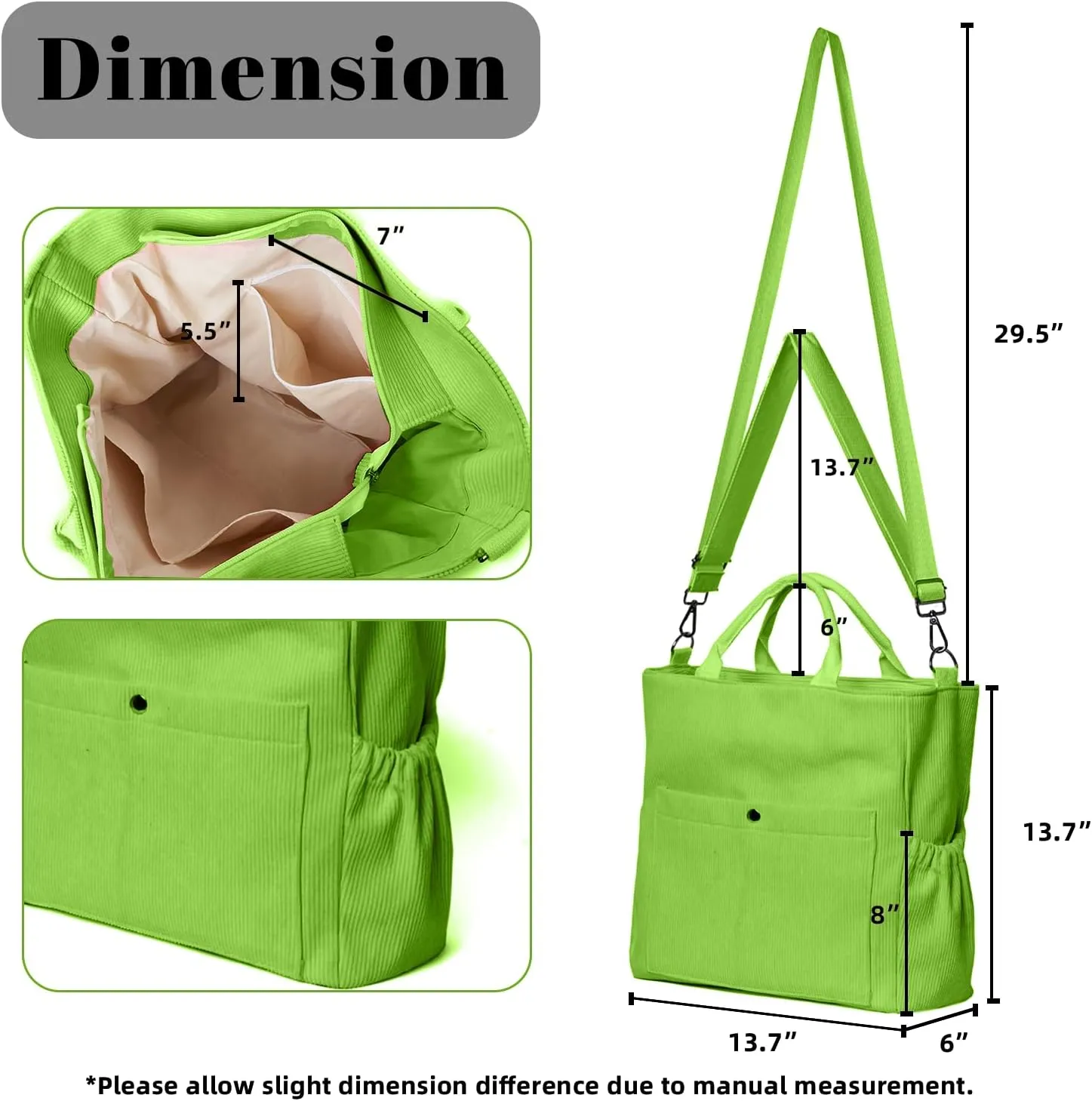 Corduroy Tote Bag for Women Large Crossbody Bags Shoulder Tote Bag with Multi Pockets Satchel Bags Handbag for Work