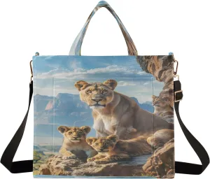 Corduroy Tote Bag Lion Family in Natural Habitat Women Crossbody Bag with Detachable and Adjustable Shoulder Strap