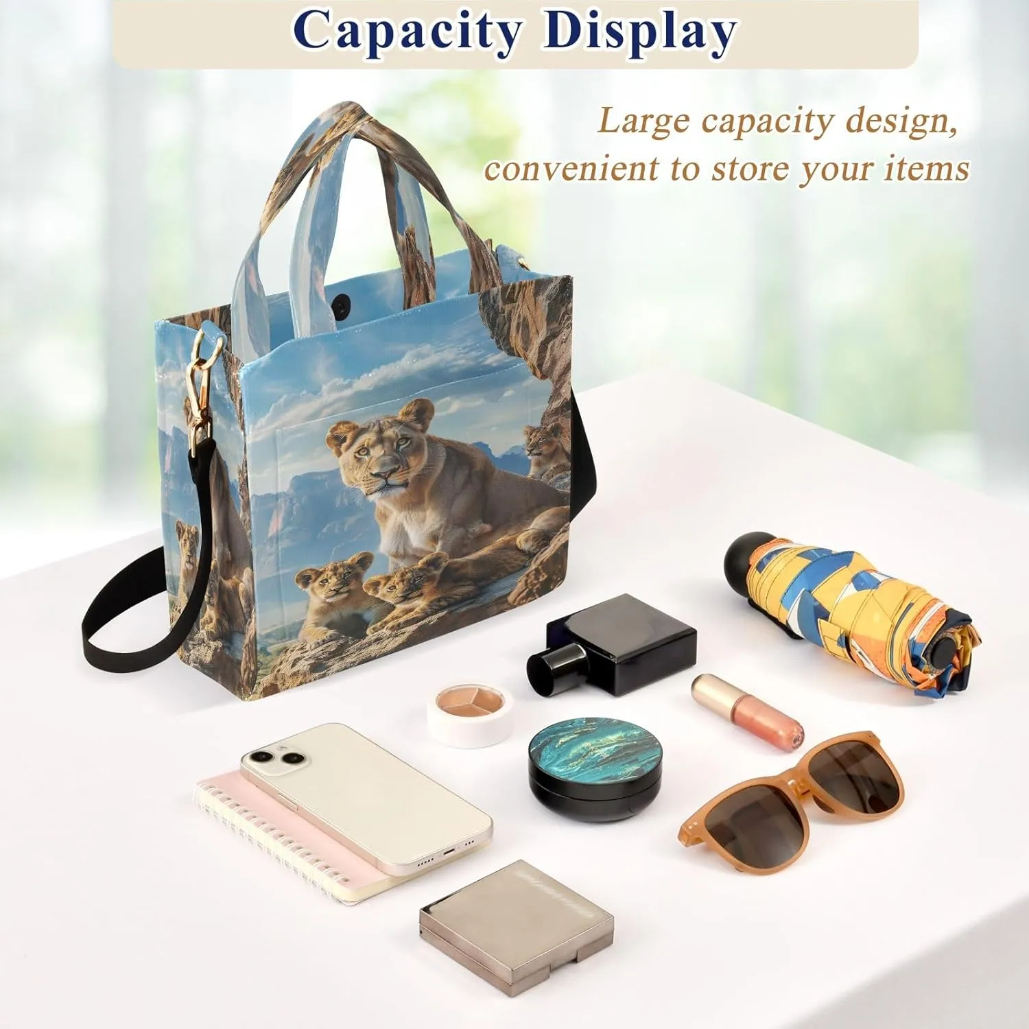 Corduroy Tote Bag Lion Family in Natural Habitat Women Crossbody Bag with Detachable and Adjustable Shoulder Strap