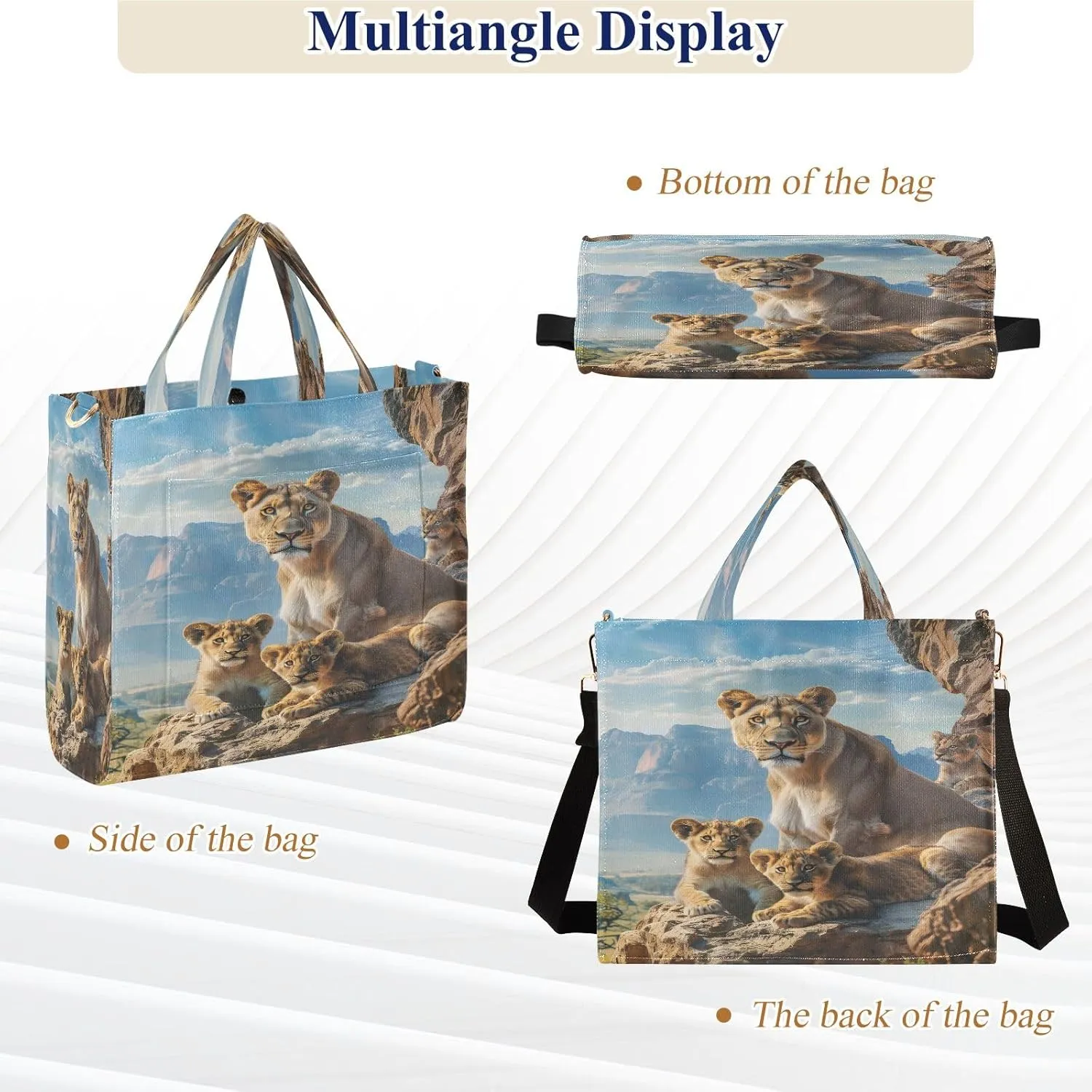 Corduroy Tote Bag Lion Family in Natural Habitat Women Crossbody Bag with Detachable and Adjustable Shoulder Strap
