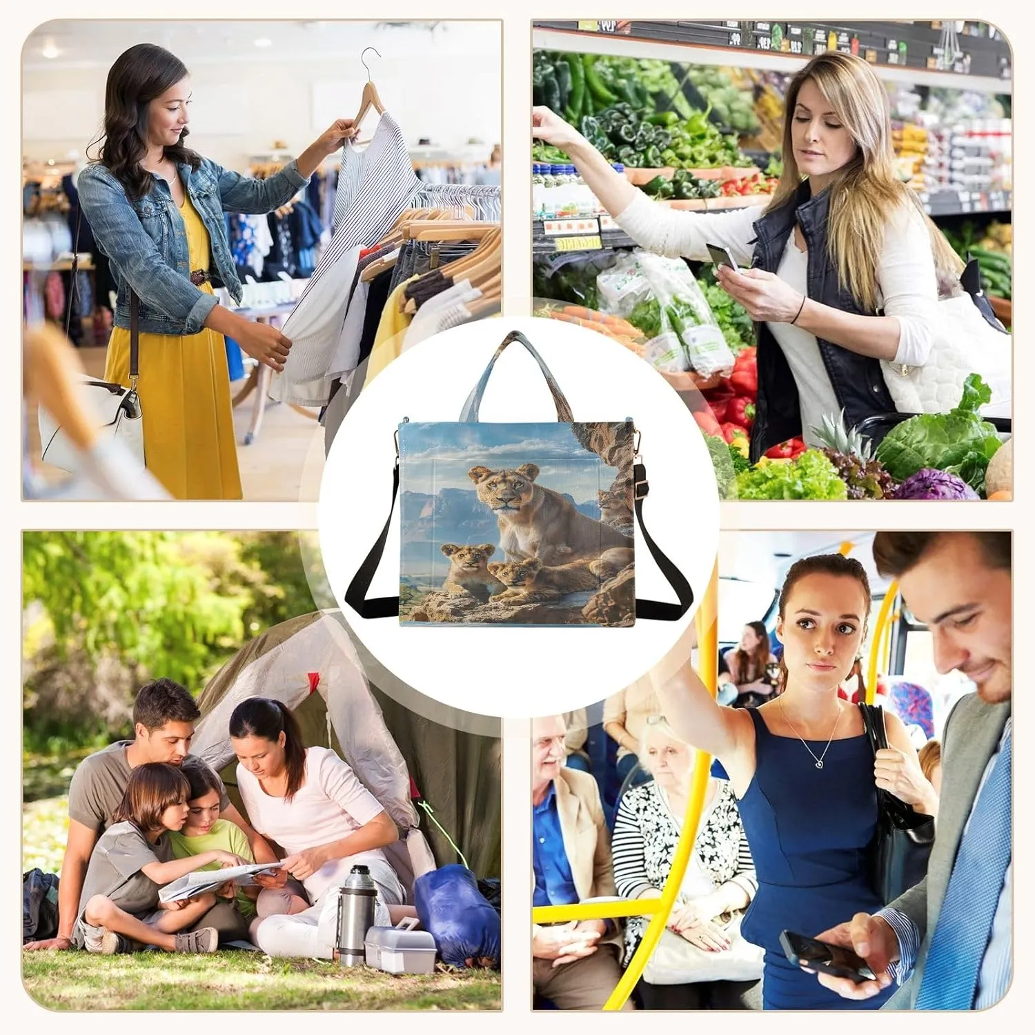 Corduroy Tote Bag Lion Family in Natural Habitat Women Crossbody Bag with Detachable and Adjustable Shoulder Strap