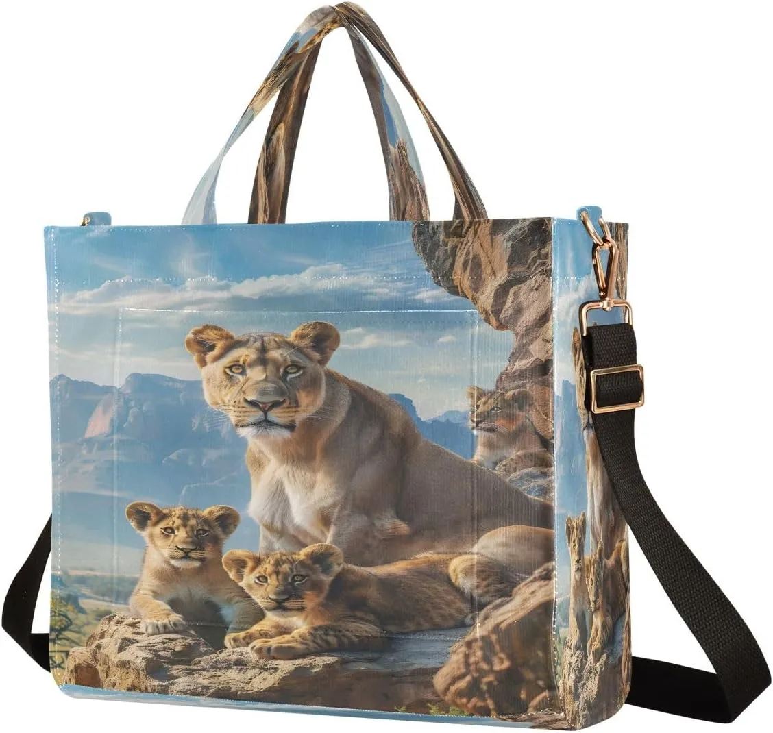 Corduroy Tote Bag Lion Family in Natural Habitat Women Crossbody Bag with Detachable and Adjustable Shoulder Strap