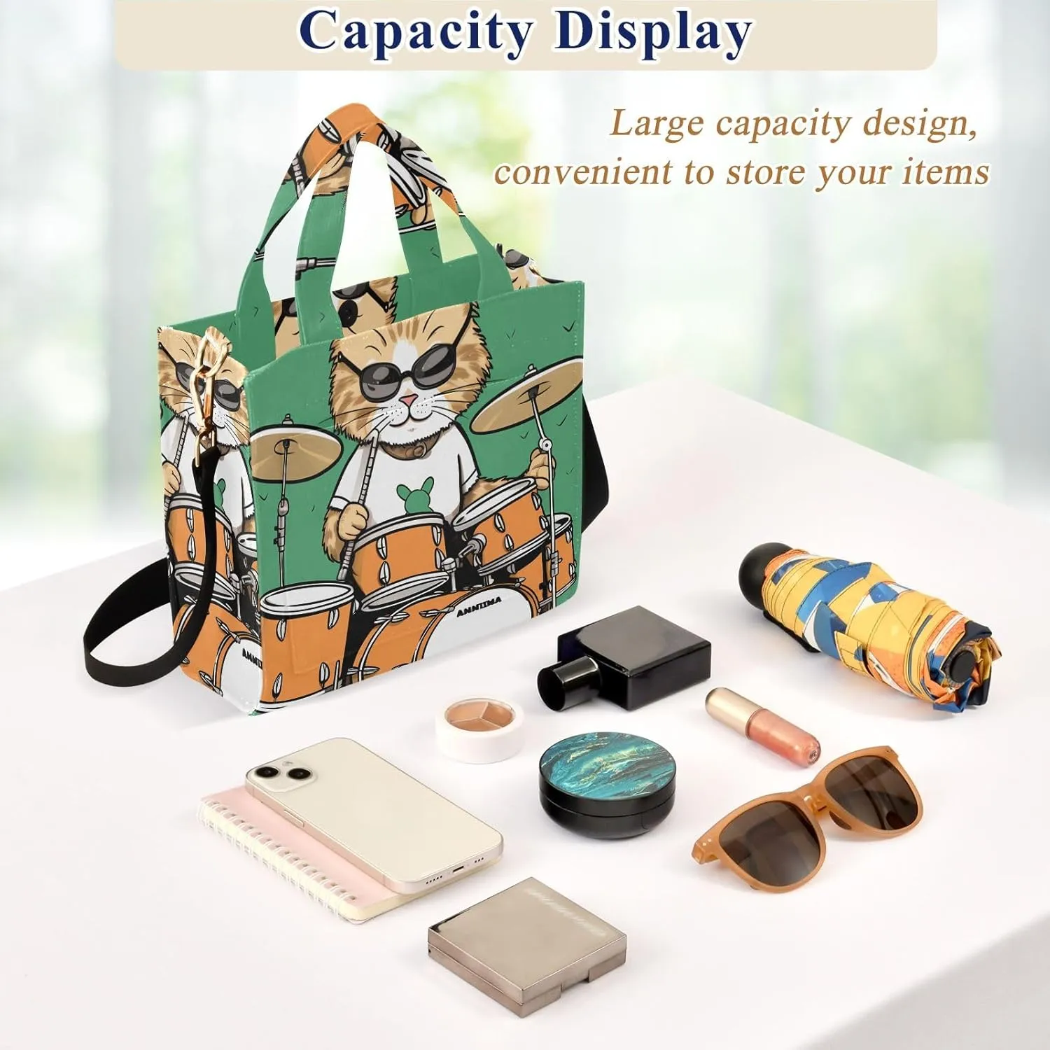 Corduroy Tote Bag Orange Cat Playing Drum Set Women Crossbody Bag with Detachable and Adjustable Shoulder Strap