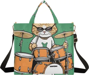 Corduroy Tote Bag Orange Cat Playing Drum Set Women Crossbody Bag with Detachable and Adjustable Shoulder Strap