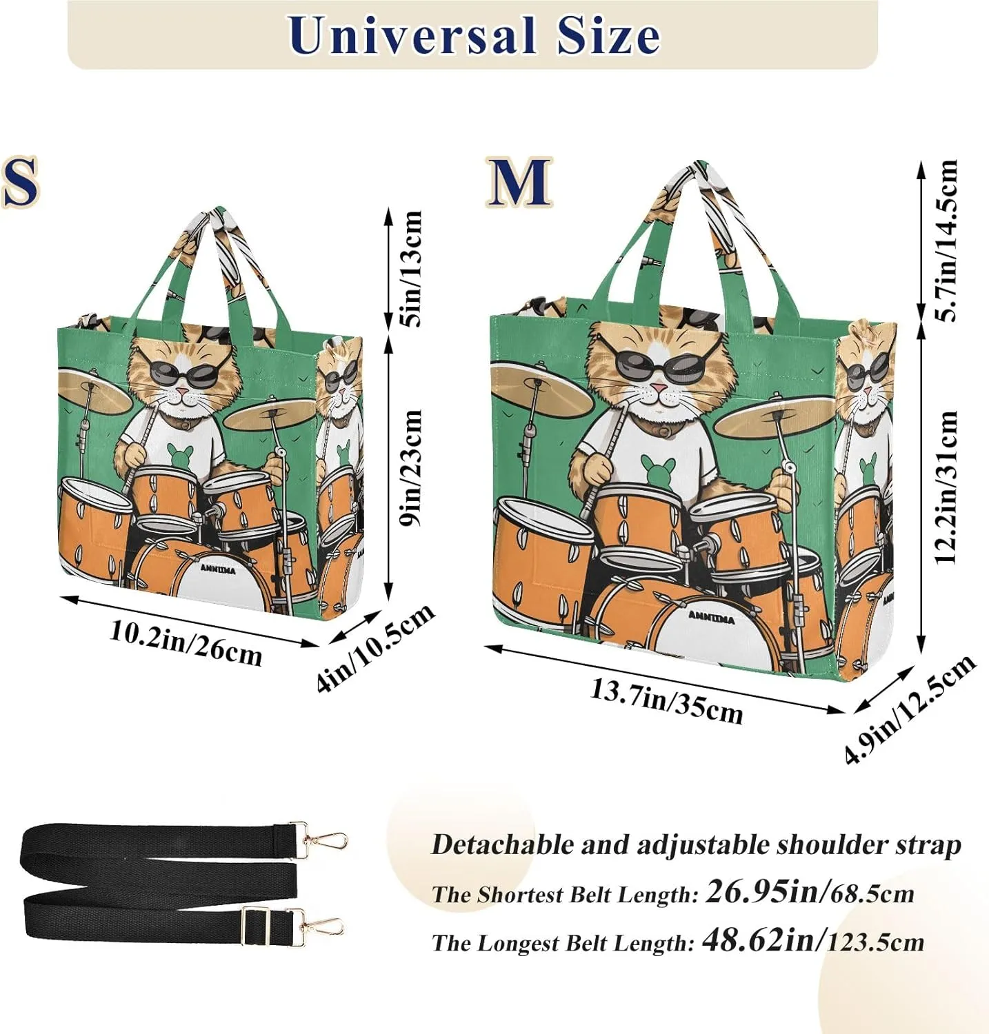 Corduroy Tote Bag Orange Cat Playing Drum Set Women Crossbody Bag with Detachable and Adjustable Shoulder Strap