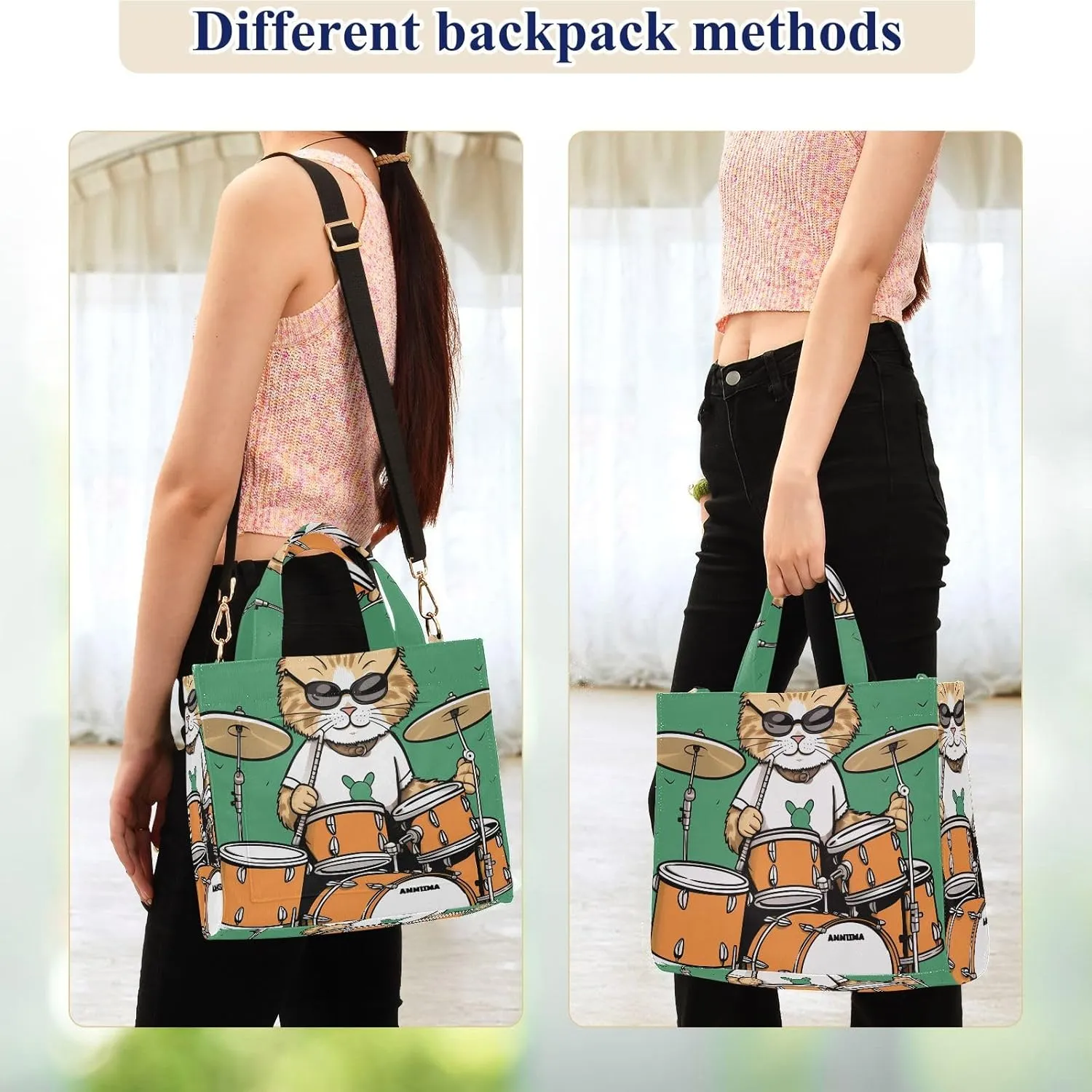 Corduroy Tote Bag Orange Cat Playing Drum Set Women Crossbody Bag with Detachable and Adjustable Shoulder Strap