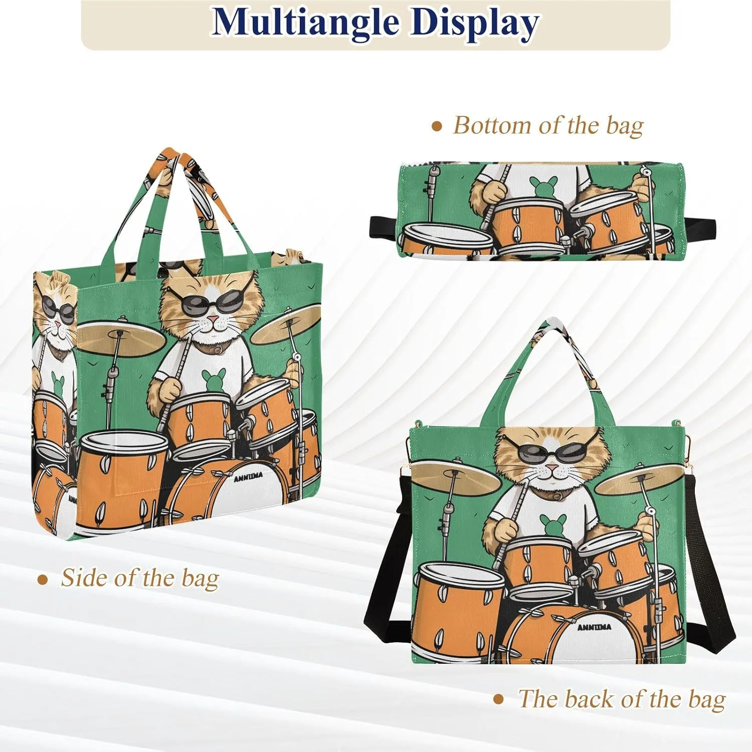 Corduroy Tote Bag Orange Cat Playing Drum Set Women Crossbody Bag with Detachable and Adjustable Shoulder Strap