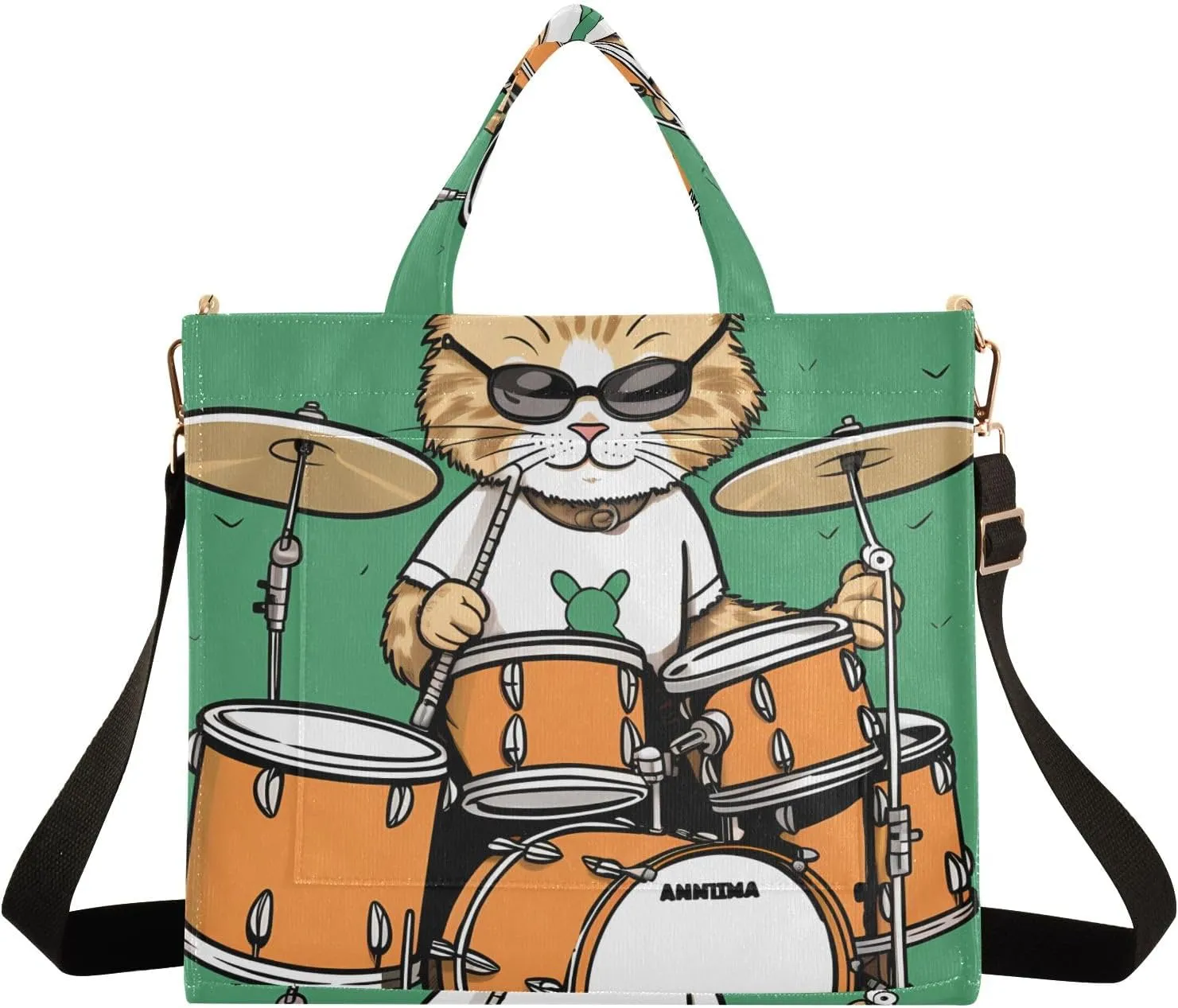 Corduroy Tote Bag Orange Cat Playing Drum Set Women Crossbody Bag with Detachable and Adjustable Shoulder Strap
