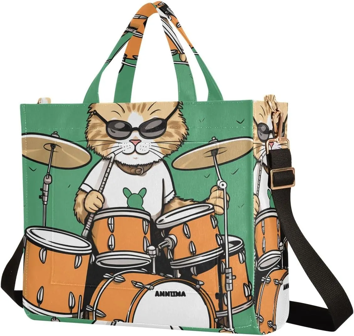 Corduroy Tote Bag Orange Cat Playing Drum Set Women Crossbody Bag with Detachable and Adjustable Shoulder Strap