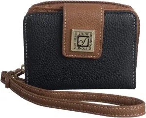 Cornwall Zip Around Leather Small Wallet Wristlet | Black/Tan | 5.5"L x 1.25"W x 4"H