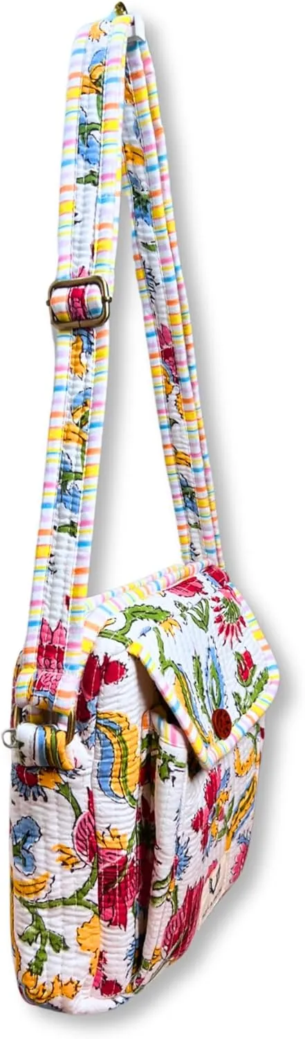 Cotton Quilted Handblock Printed Lightweight Crossbody Purse Adjustabe Shoulder Strap