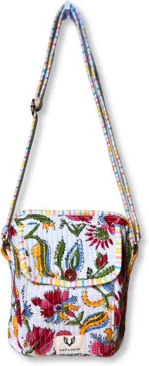Cotton Quilted Handblock Printed Lightweight Crossbody Purse Adjustabe Shoulder Strap