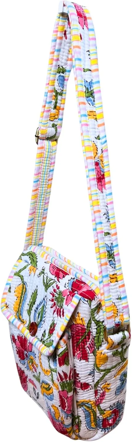 Cotton Quilted Handblock Printed Lightweight Crossbody Purse Adjustabe Shoulder Strap