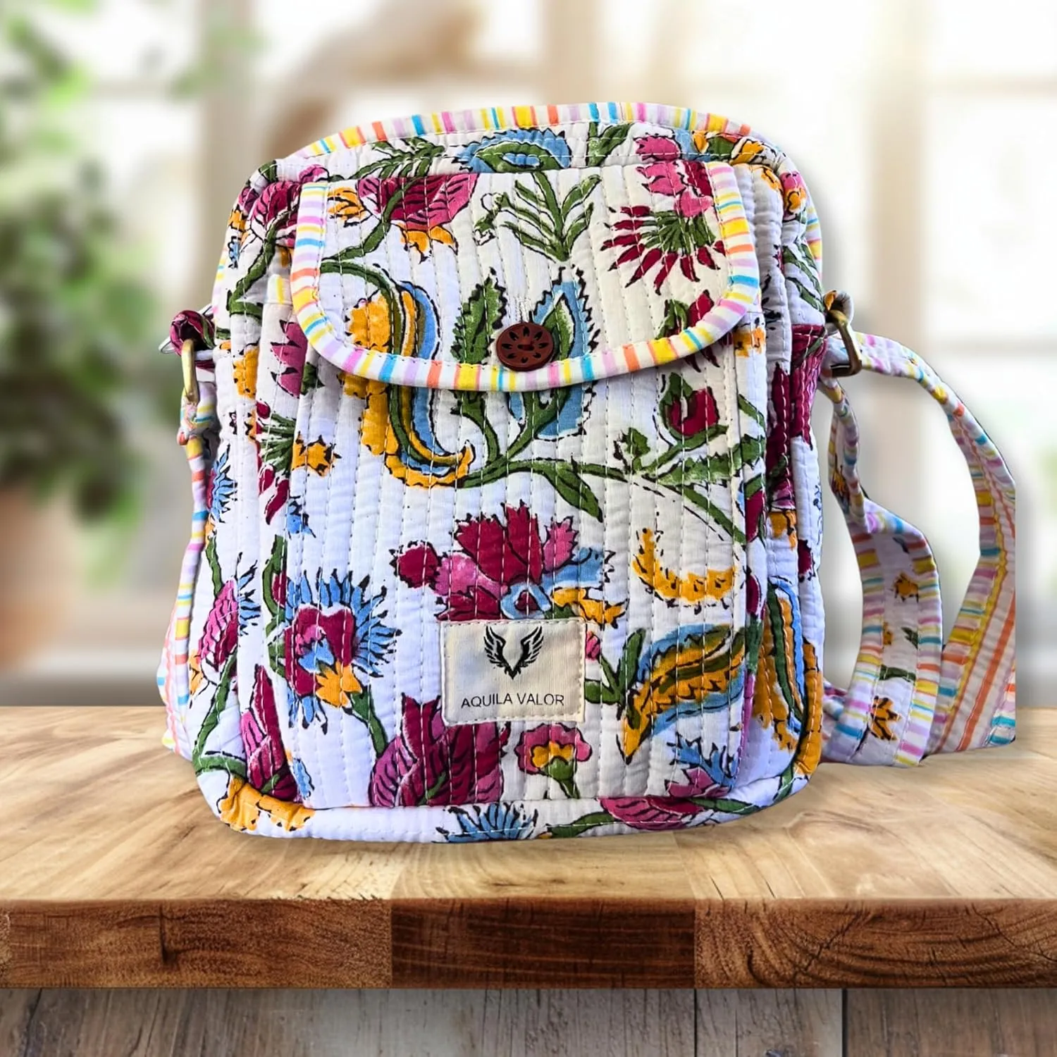Cotton Quilted Handblock Printed Lightweight Crossbody Purse Adjustabe Shoulder Strap