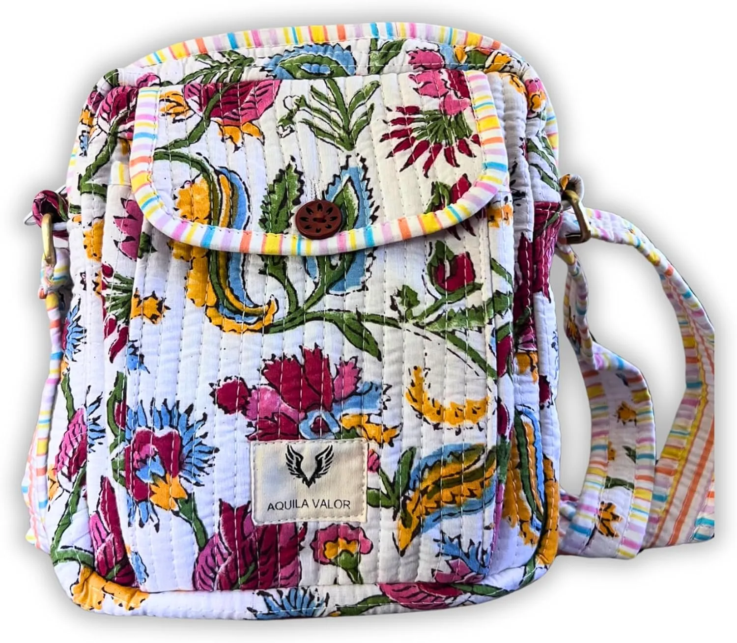 Cotton Quilted Handblock Printed Lightweight Crossbody Purse Adjustabe Shoulder Strap