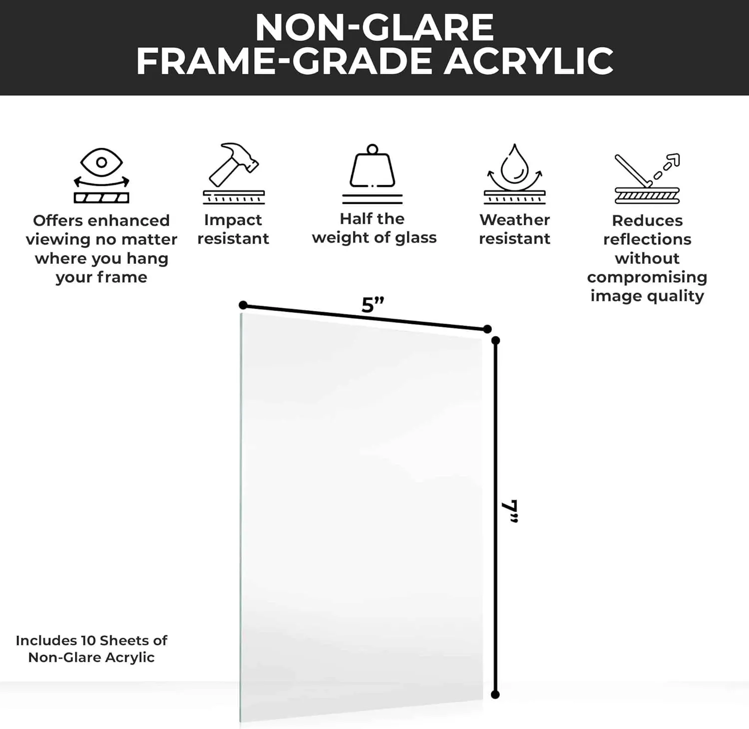 CountryArtHouse 10 Sheets Non-Glare Acrylic Replacement for 5x7 Picture Frame, Replacement Acrylic for 5x7 Photo Frame, UV-Resistant Non-Glare Acrylic Cover Sheet