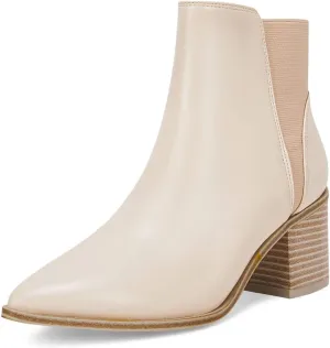 Coutgo Womens Pointed Toe Ankle Boots Elastic Chunky Block Stacked Mid Heel Slip On Chelsea Booties