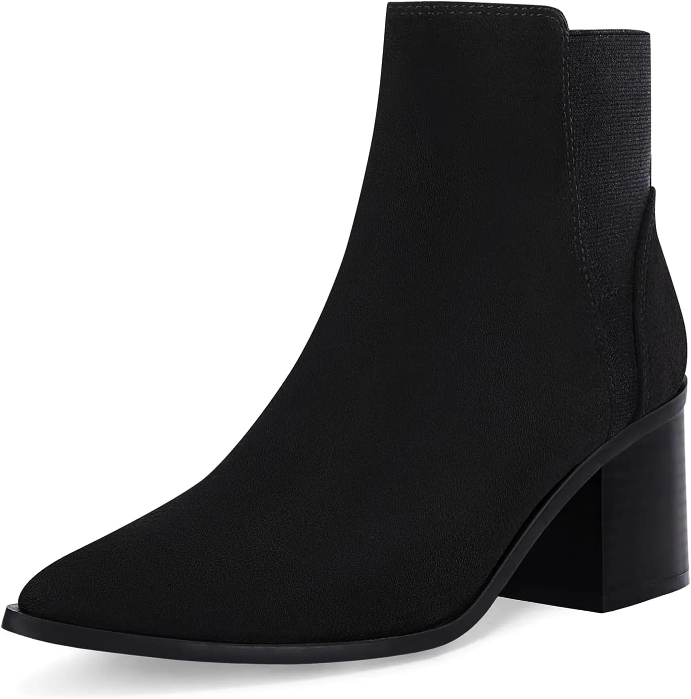 Coutgo Womens Pointed Toe Ankle Boots Elastic Chunky Block Stacked Mid Heel Slip On Chelsea Booties