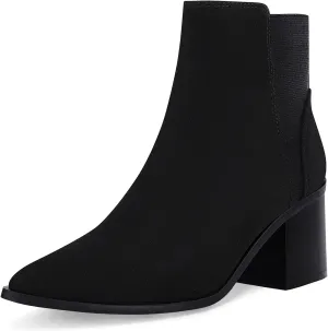 Coutgo Womens Pointed Toe Ankle Boots Elastic Chunky Block Stacked Mid Heel Slip On Chelsea Booties