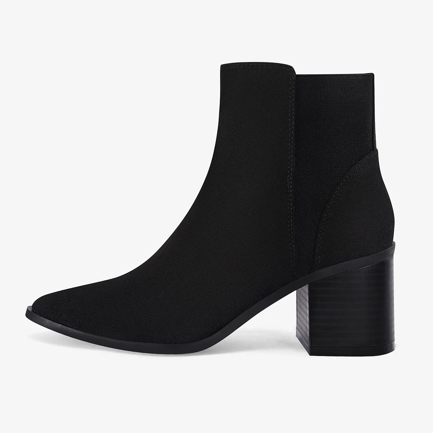 Coutgo Womens Pointed Toe Ankle Boots Elastic Chunky Block Stacked Mid Heel Slip On Chelsea Booties