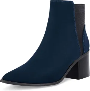 Coutgo Womens Pointed Toe Ankle Boots Elastic Chunky Block Stacked Mid Heel Slip On Chelsea Booties