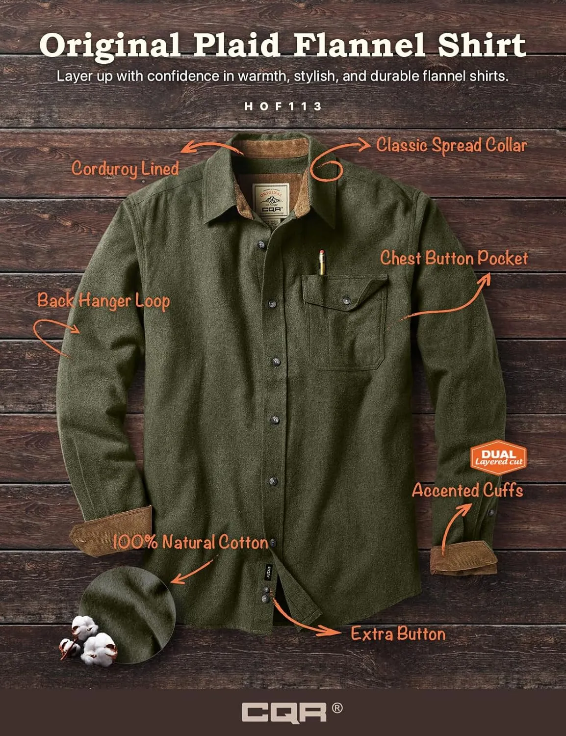 CQR Men's All Cotton Flannel Shirt, Long Sleeve Casual Button Down Plaid Shirt, Brushed Soft Outdoor Tactical Work Shirts
