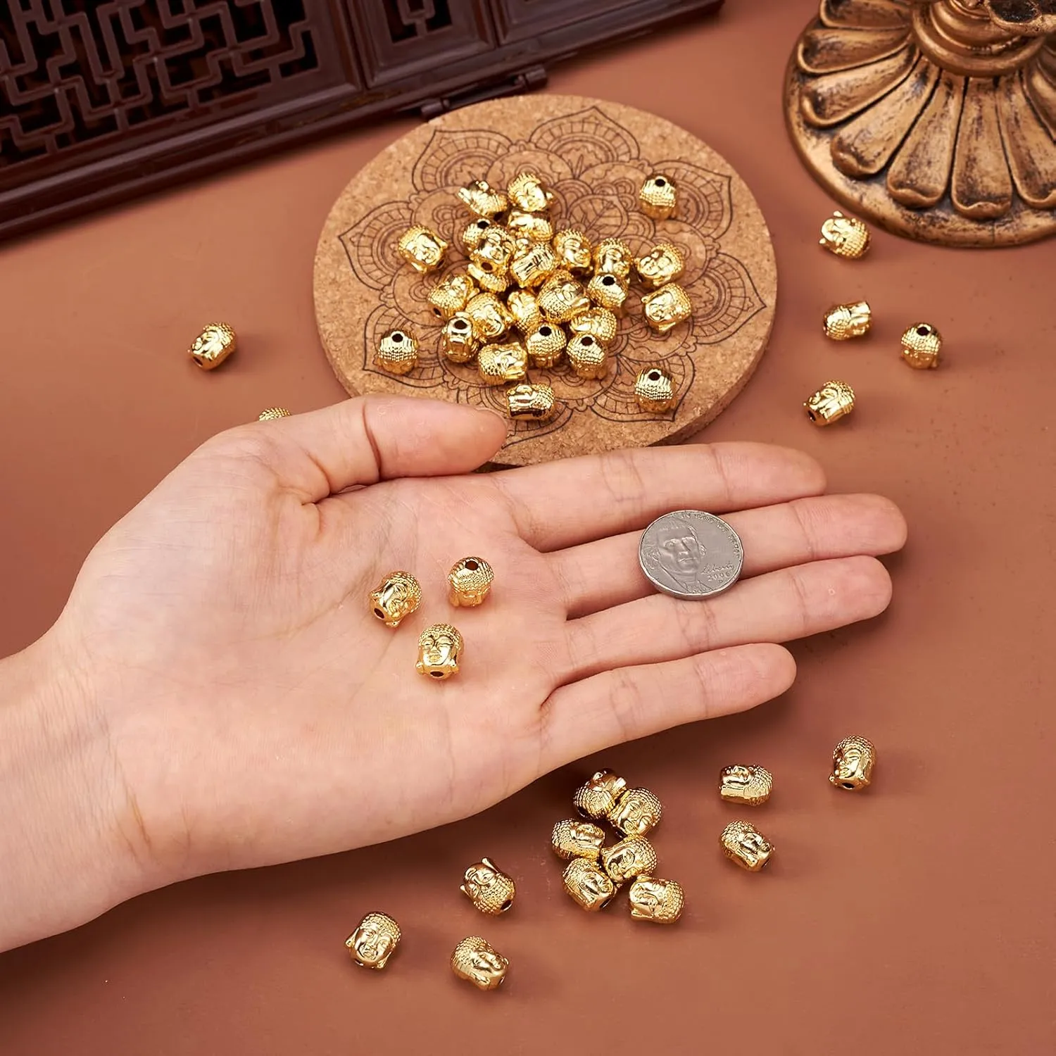 Craftdady 50Pcs 18K Gold Buddha Head Spacer Beads 11x9mm Metal Tiny Spiritual Loose Charm Beads for Jewelry Making Hole: 1.5mm