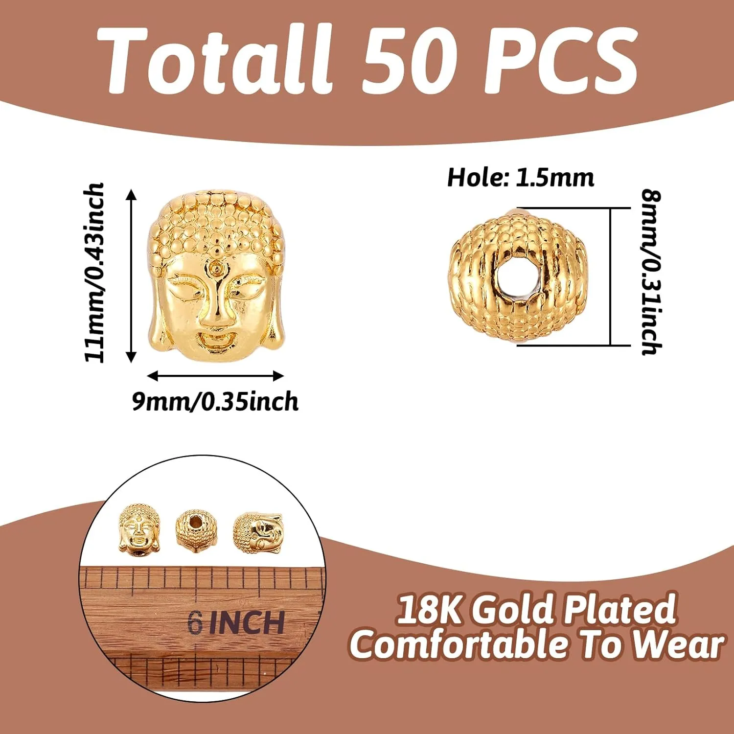 Craftdady 50Pcs 18K Gold Buddha Head Spacer Beads 11x9mm Metal Tiny Spiritual Loose Charm Beads for Jewelry Making Hole: 1.5mm