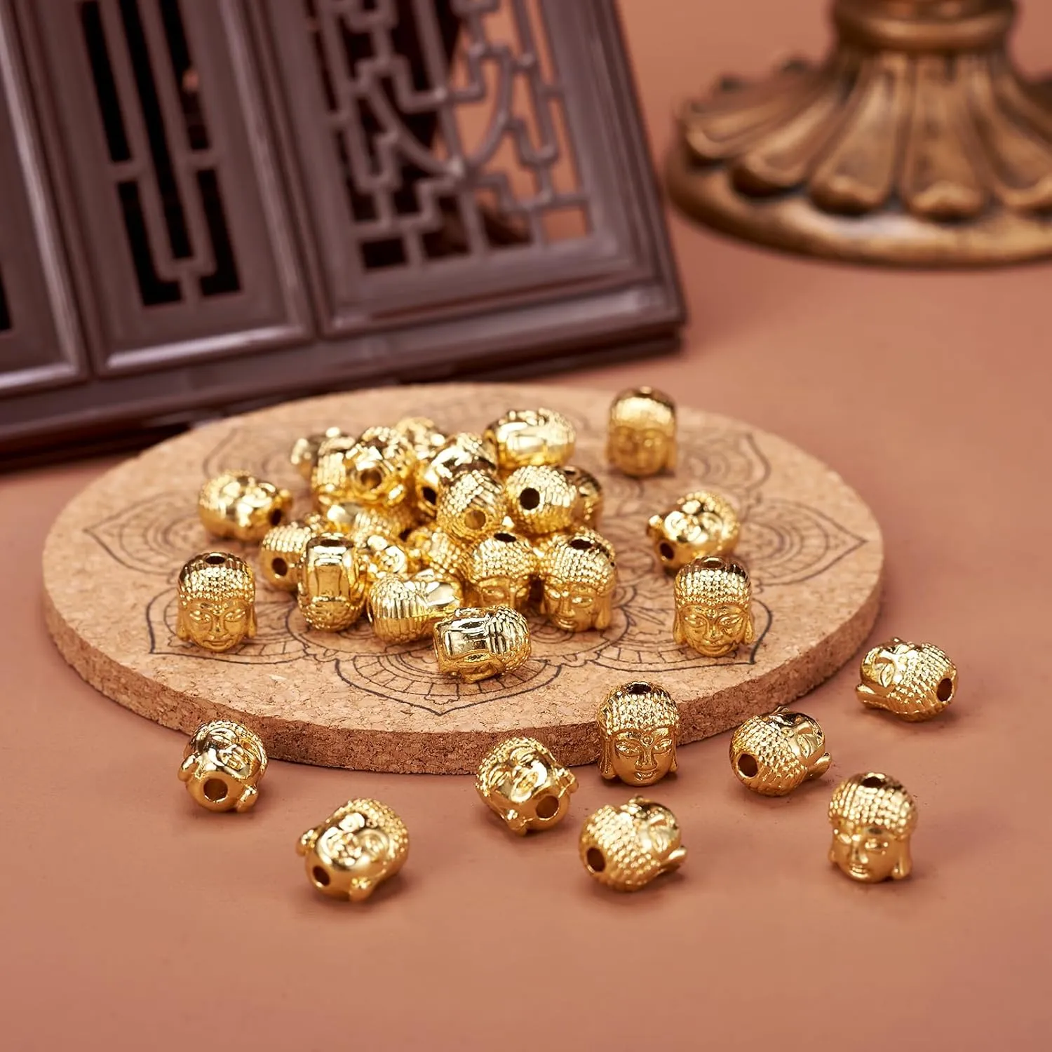 Craftdady 50Pcs 18K Gold Buddha Head Spacer Beads 11x9mm Metal Tiny Spiritual Loose Charm Beads for Jewelry Making Hole: 1.5mm