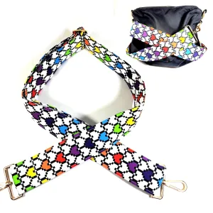 Cross Body Pixel Heart Guitar Style Bag Strap - Multicolor Hearts - Custom Hardware Color- Adjustable -Double Padded-Durable- (1.5" Width, Gun Metal(Black))