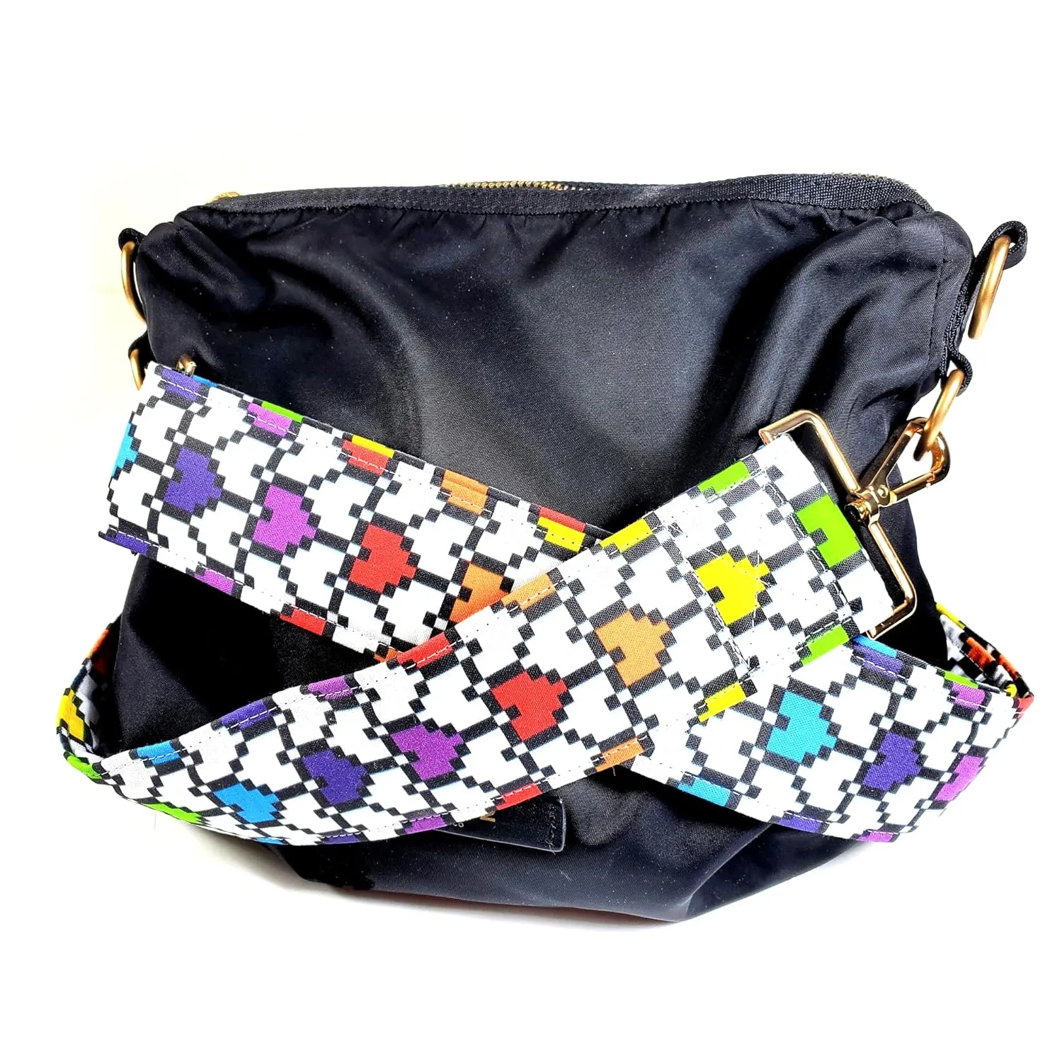 Cross Body Pixel Heart Guitar Style Bag Strap - Multicolor Hearts - Custom Hardware Color- Adjustable -Double Padded-Durable- (1.5" Width, Gun Metal(Black))