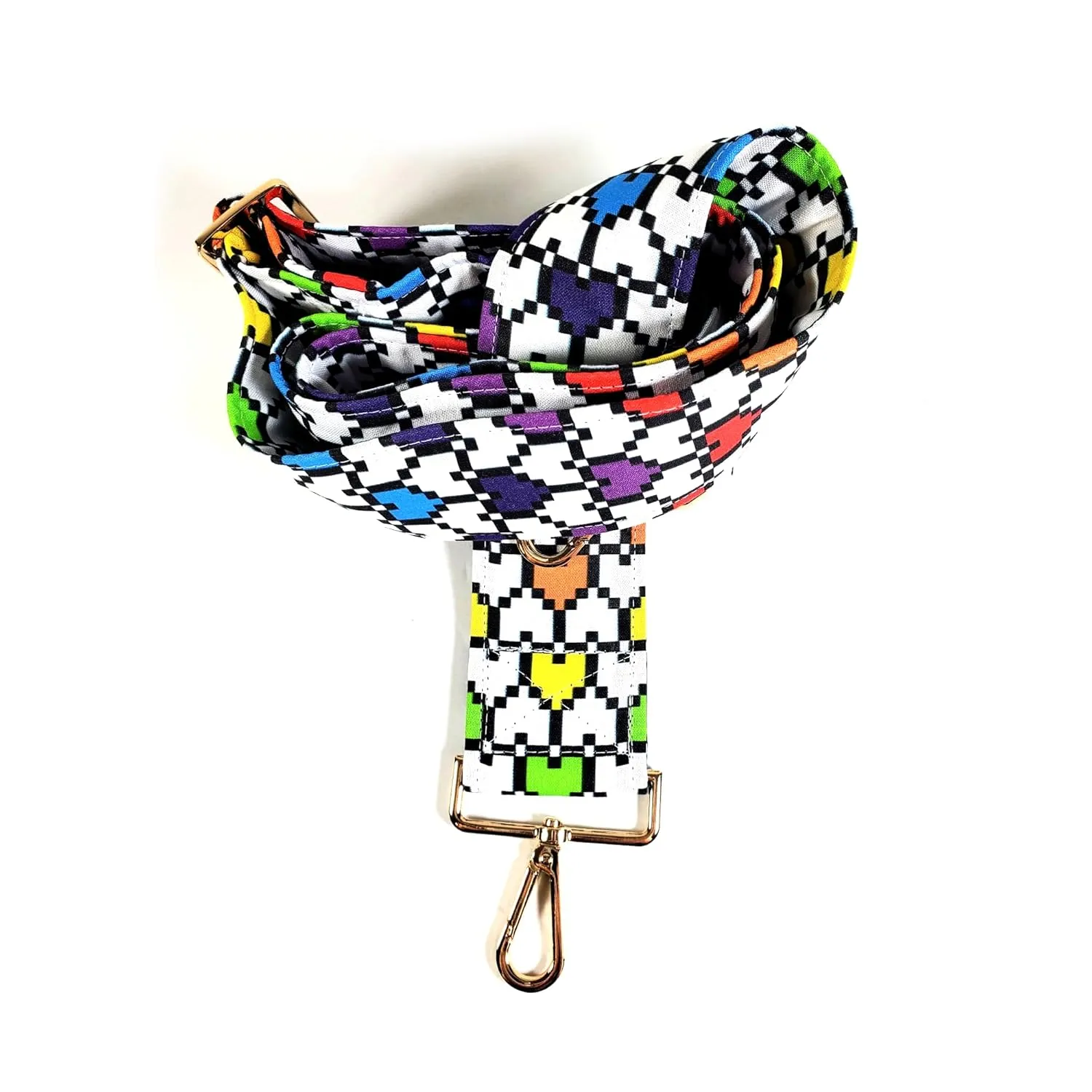 Cross Body Pixel Heart Guitar Style Bag Strap - Multicolor Hearts - Custom Hardware Color- Adjustable -Double Padded-Durable- (1.5" Width, Gun Metal(Black))