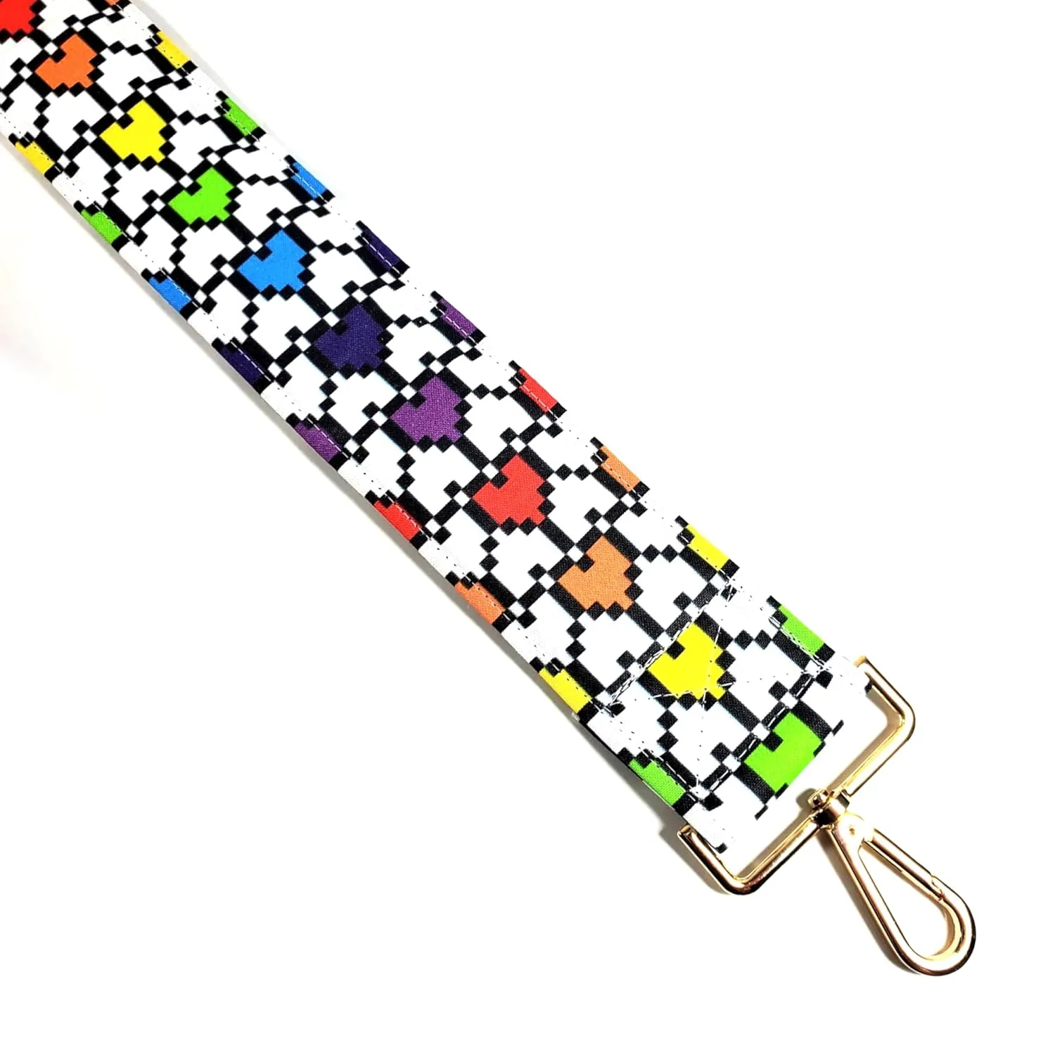 Cross Body Pixel Heart Guitar Style Bag Strap - Multicolor Hearts - Custom Hardware Color- Adjustable -Double Padded-Durable- (1.5" Width, Gun Metal(Black))