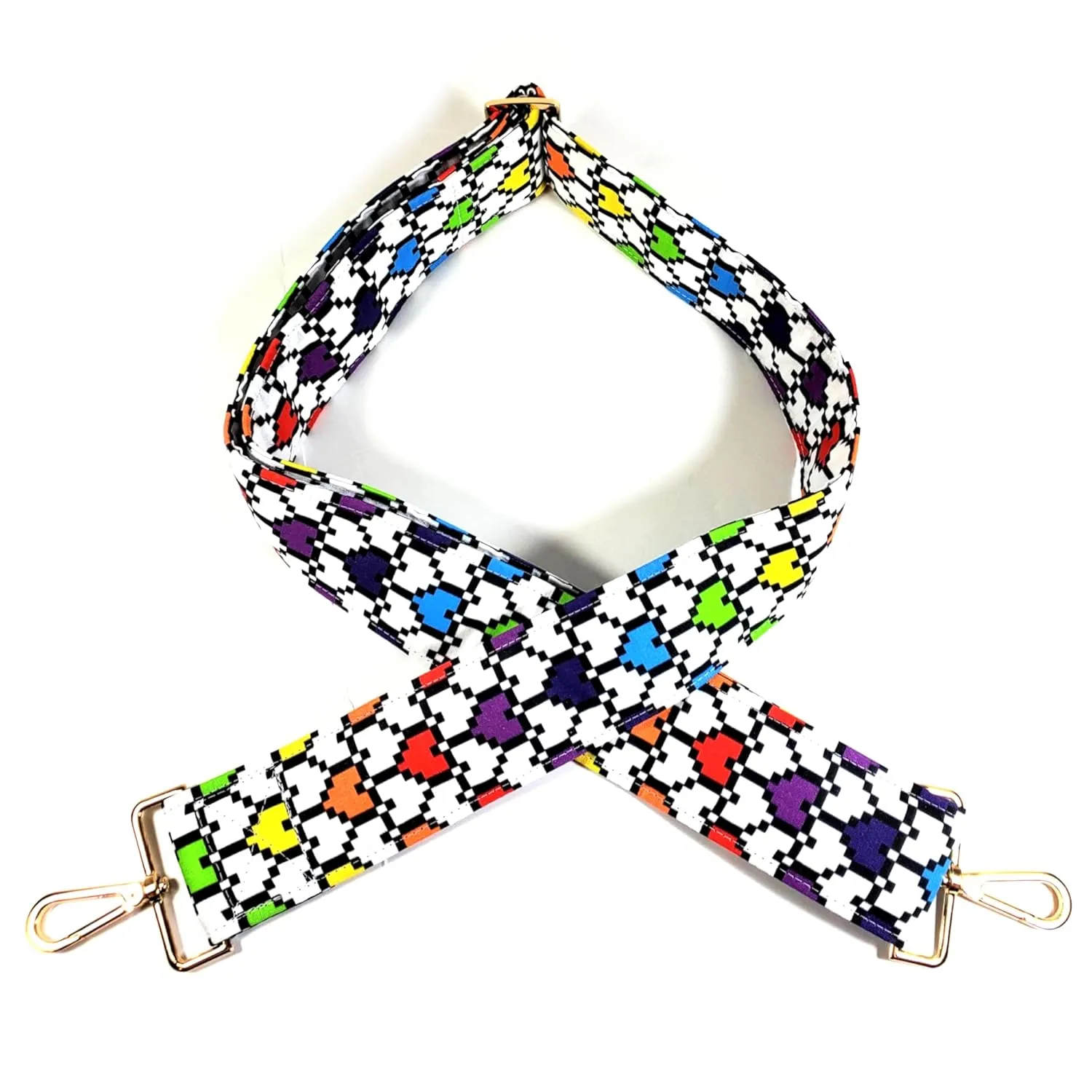 Cross Body Pixel Heart Guitar Style Bag Strap - Multicolor Hearts - Custom Hardware Color- Adjustable -Double Padded-Durable- (1.5" Width, Gun Metal(Black))