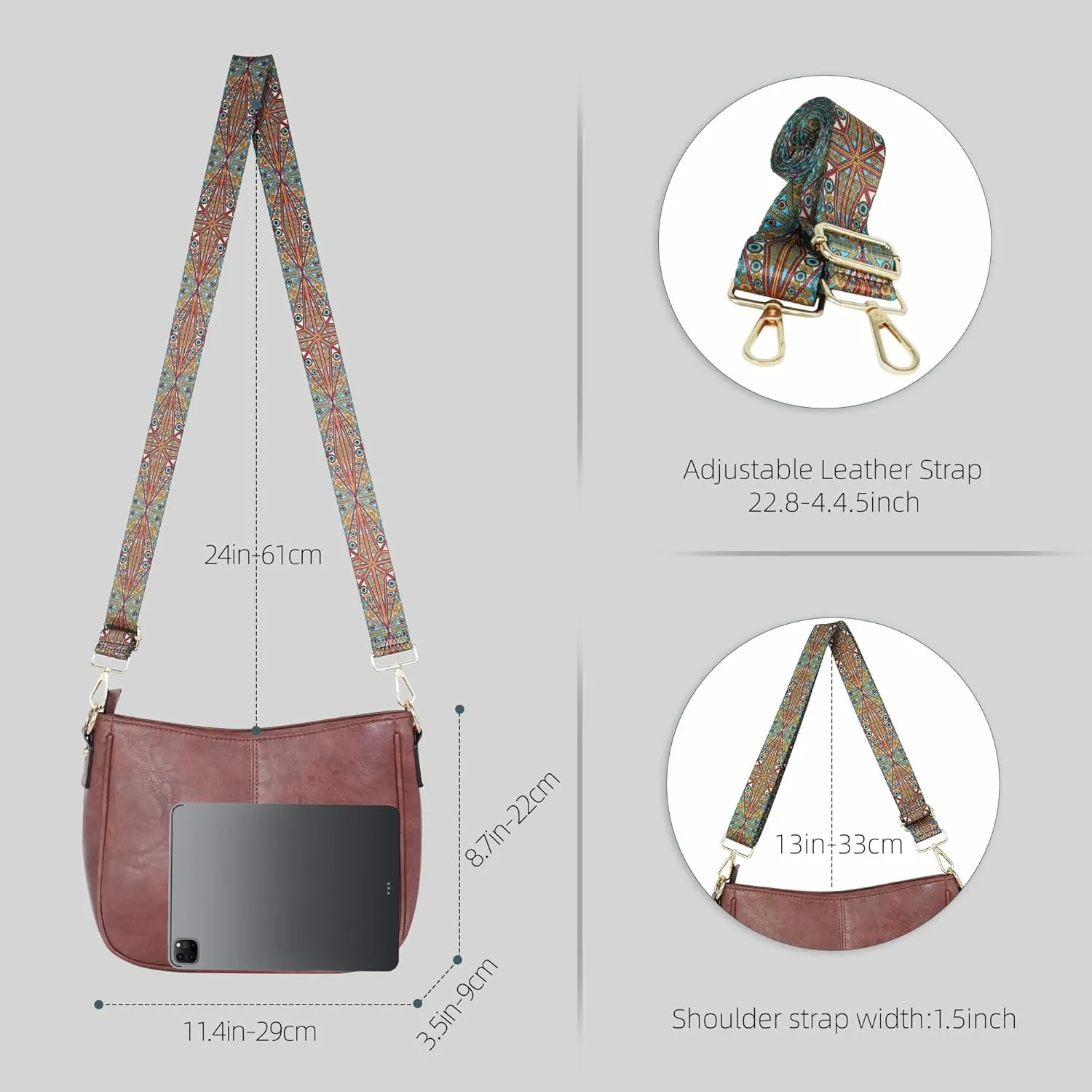 Crossbody Bag for Women Bohemian Vintage Stylish Purse Vegan Leather Shoulder Bag with Adjustable Wide Strap