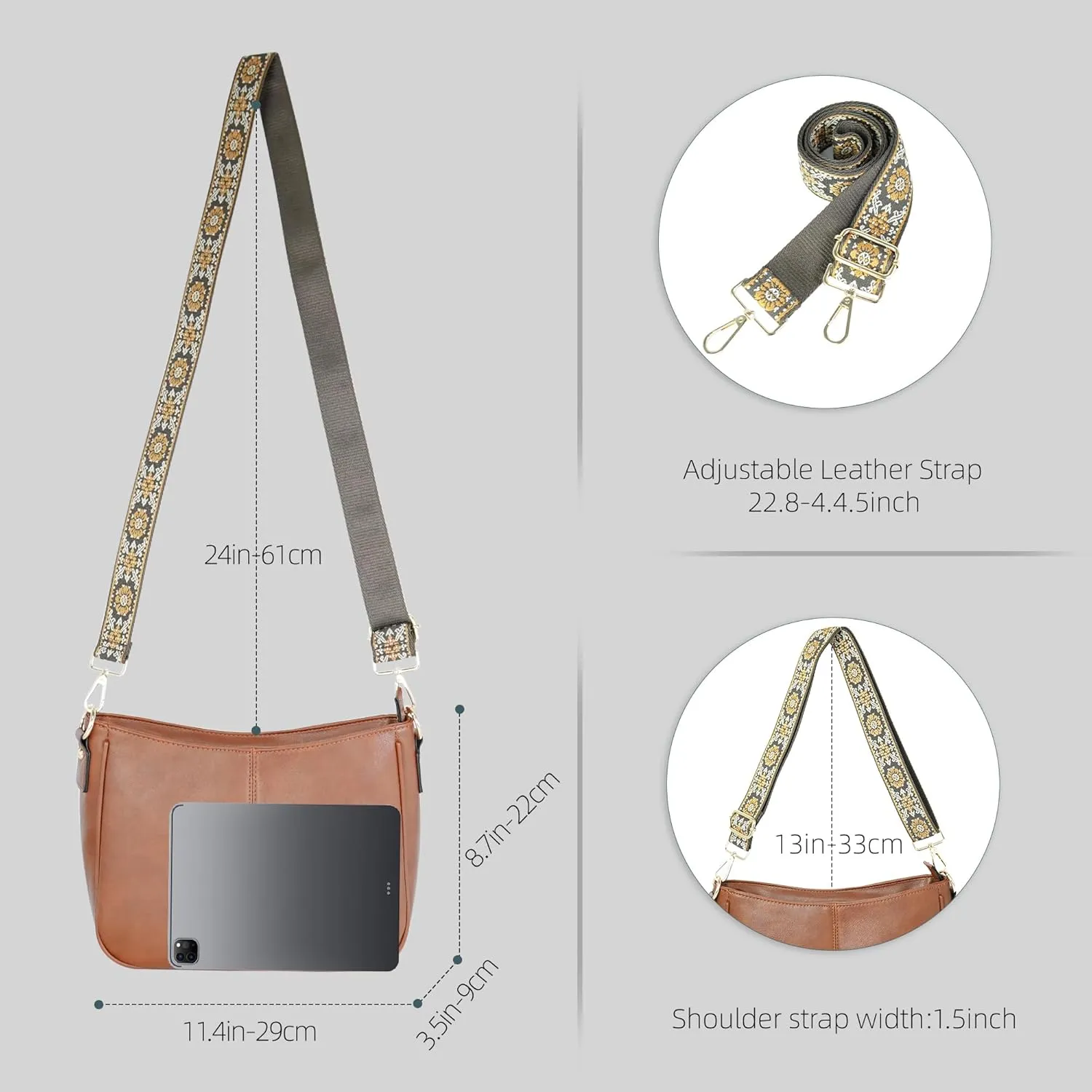 Crossbody Bag for Women Bohemian Vintage Stylish Purse Vegan Leather Shoulder Bag with Adjustable Wide Strap