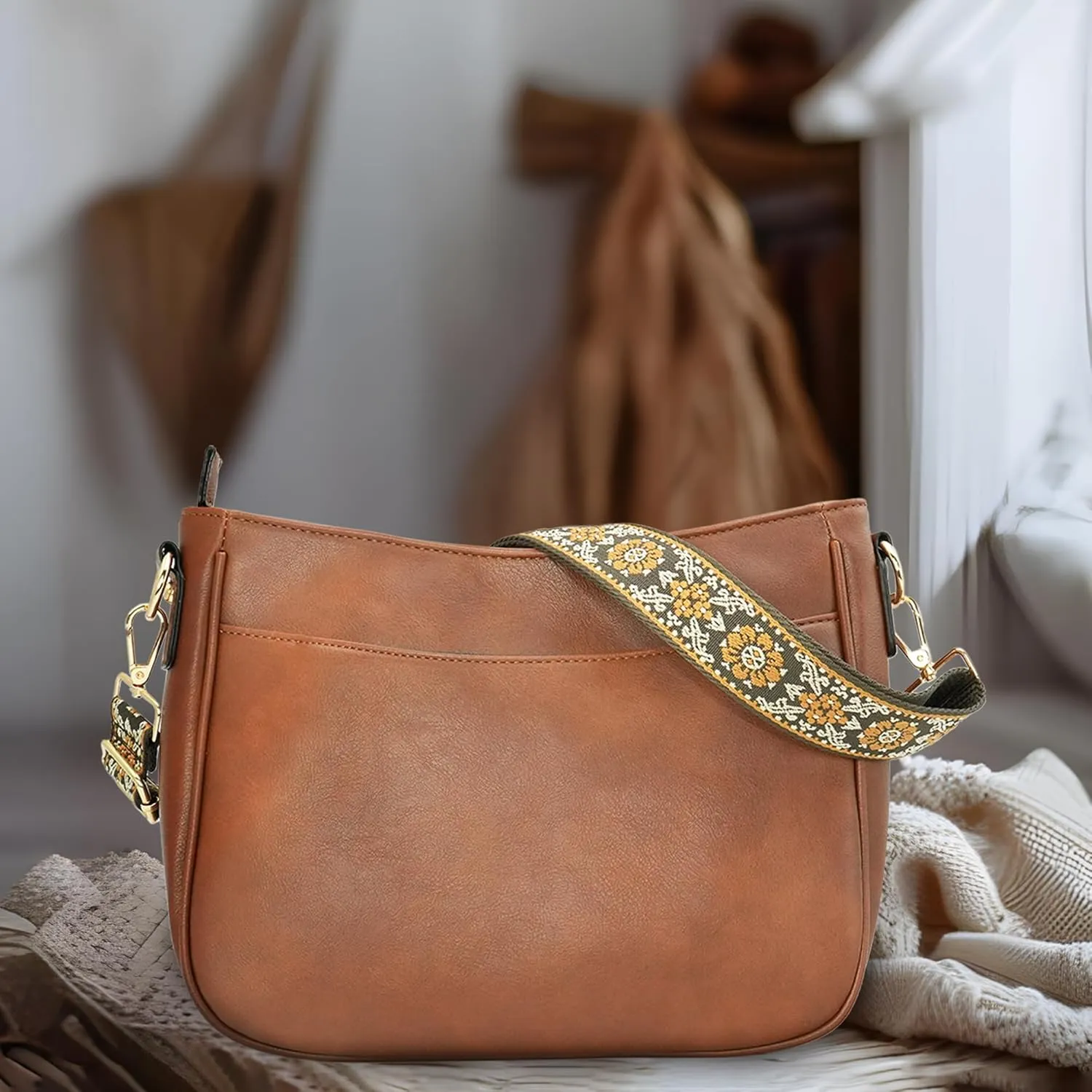 Crossbody Bag for Women Bohemian Vintage Stylish Purse Vegan Leather Shoulder Bag with Adjustable Wide Strap